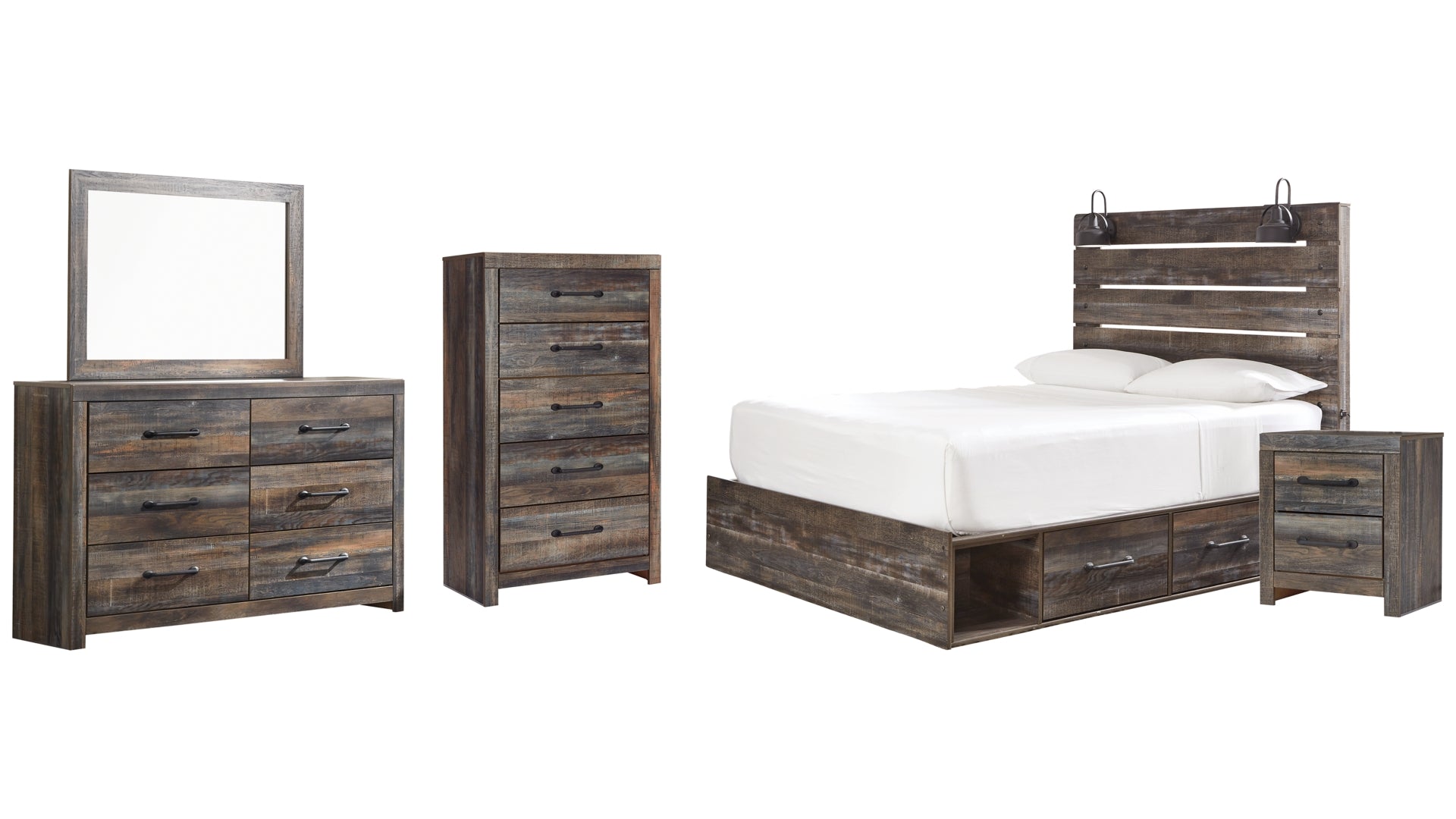 Drystan Queen Panel Bed with 2 Storage Drawers with Mirrored Dresser, Chest and Nightstand