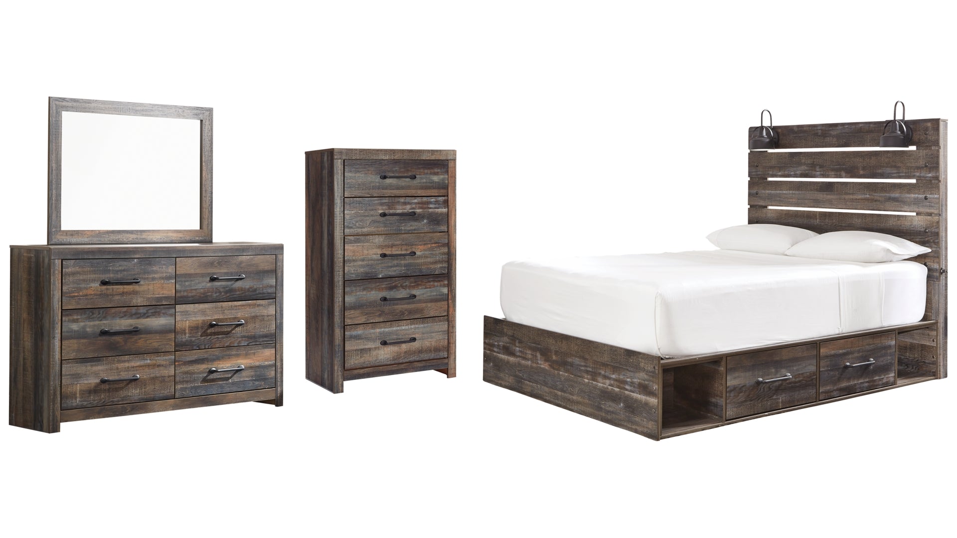 Drystan Queen Panel Bed with 2 Storage Drawers with Mirrored Dresser and Chest