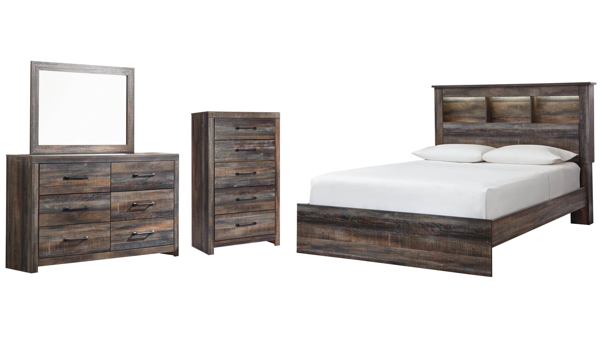 Drystan Queen Bookcase Bed with Mirrored Dresser and Chest