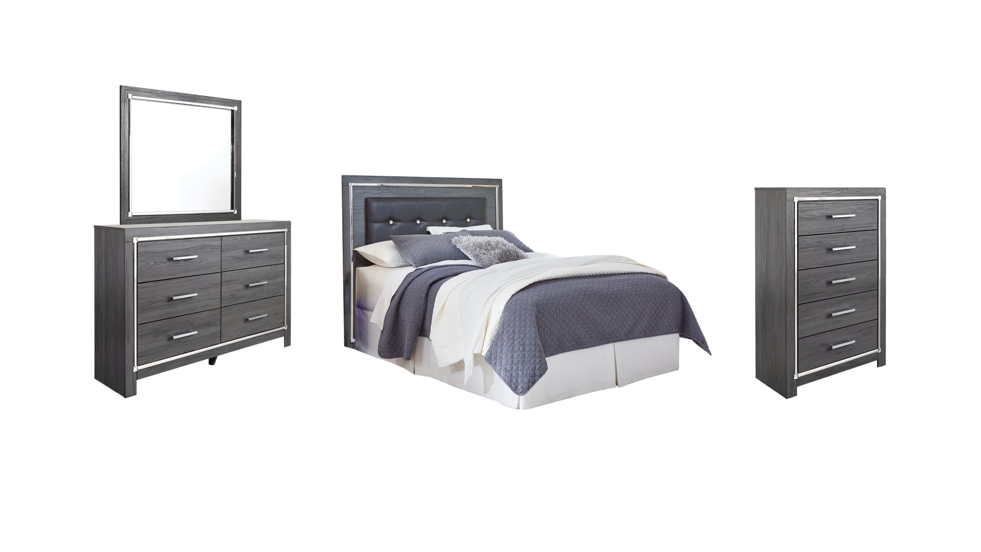 Lodanna Queen/Full Upholstered Panel Headboard Bed with Mirrored Dresser and Chest
