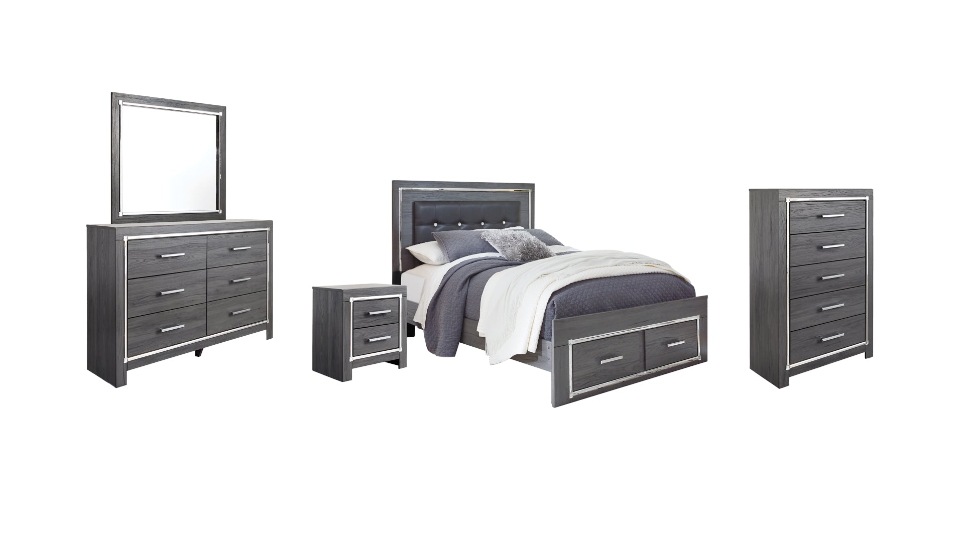 Lodanna Queen Panel Bed with 2 Storage Drawers with Mirrored Dresser, Chest and Nightstand