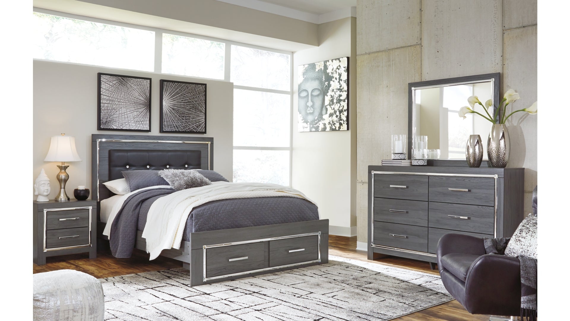 Lodanna Queen Panel Bed with 2 Storage Drawers with Mirrored Dresser, Chest and Nightstand