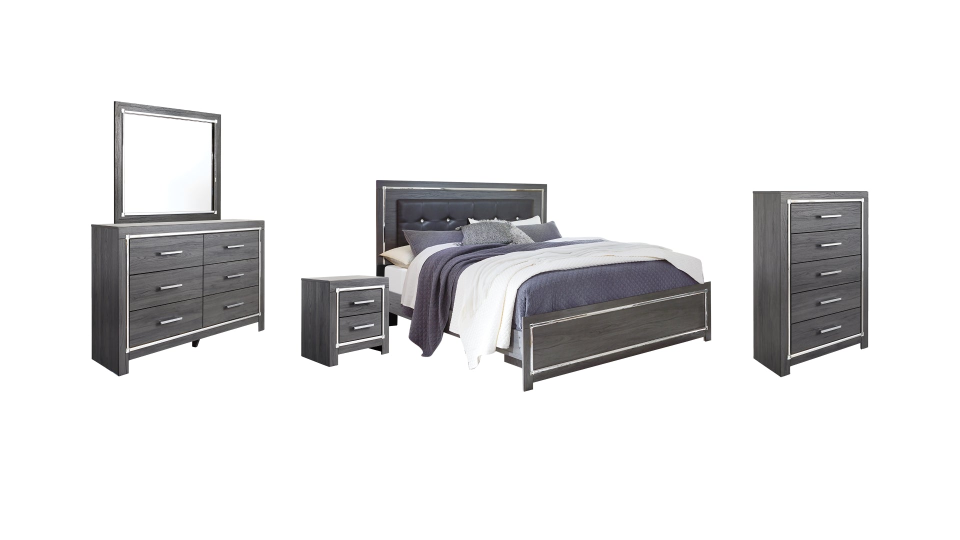 Lodanna King Panel Bed with Mirrored Dresser, Chest and Nightstand