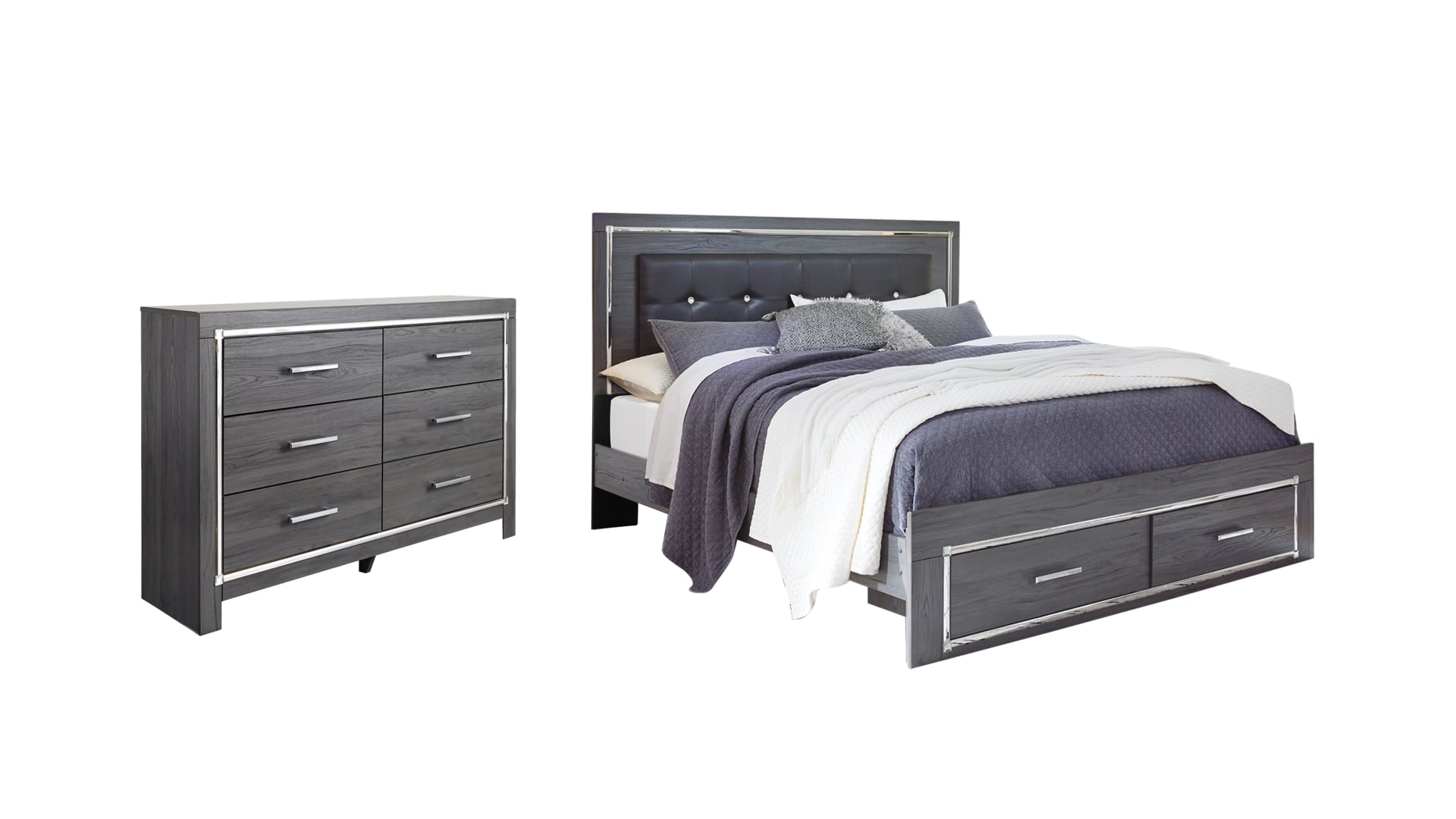 Lodanna King Panel Bed with 2 Storage Drawers with Dresser