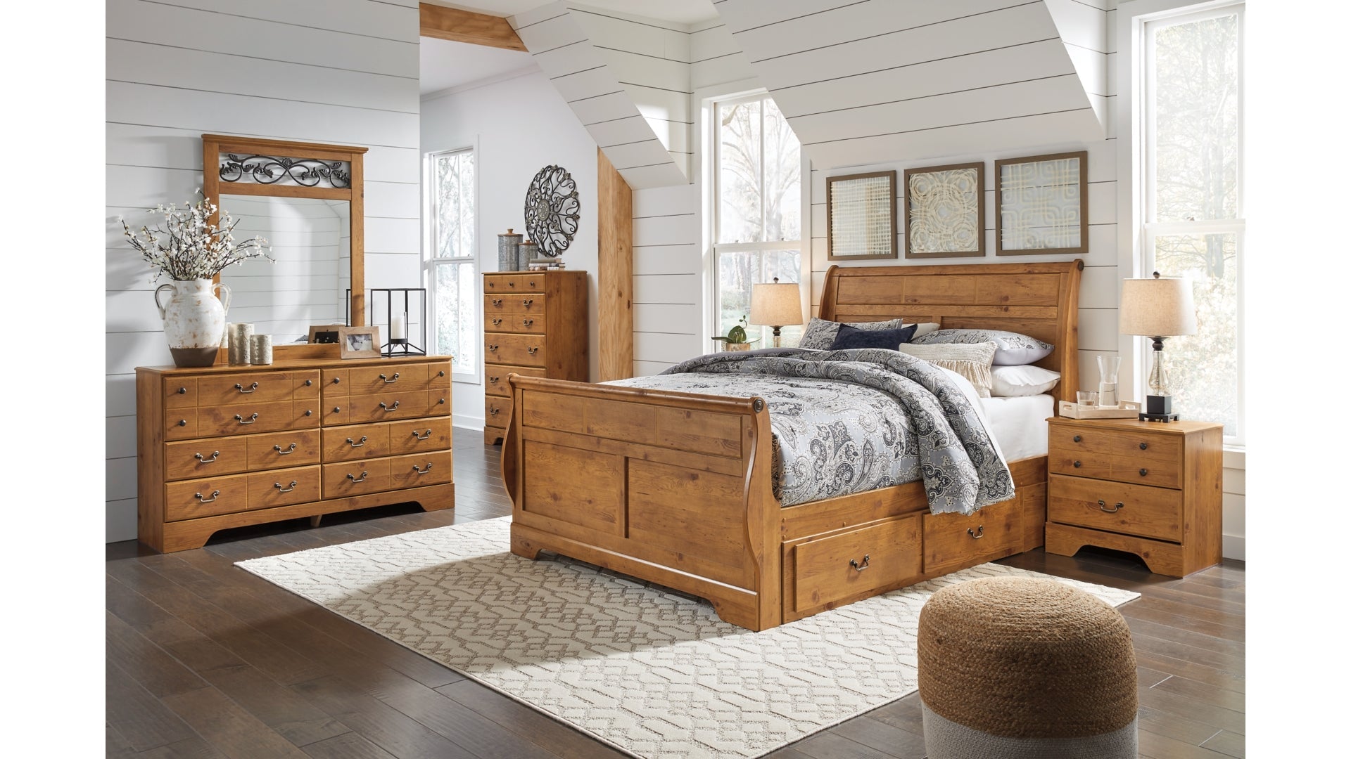 Bittersweet Queen Sleigh Bed with 2 Storage Drawers with Mirrored Dresser and Chest