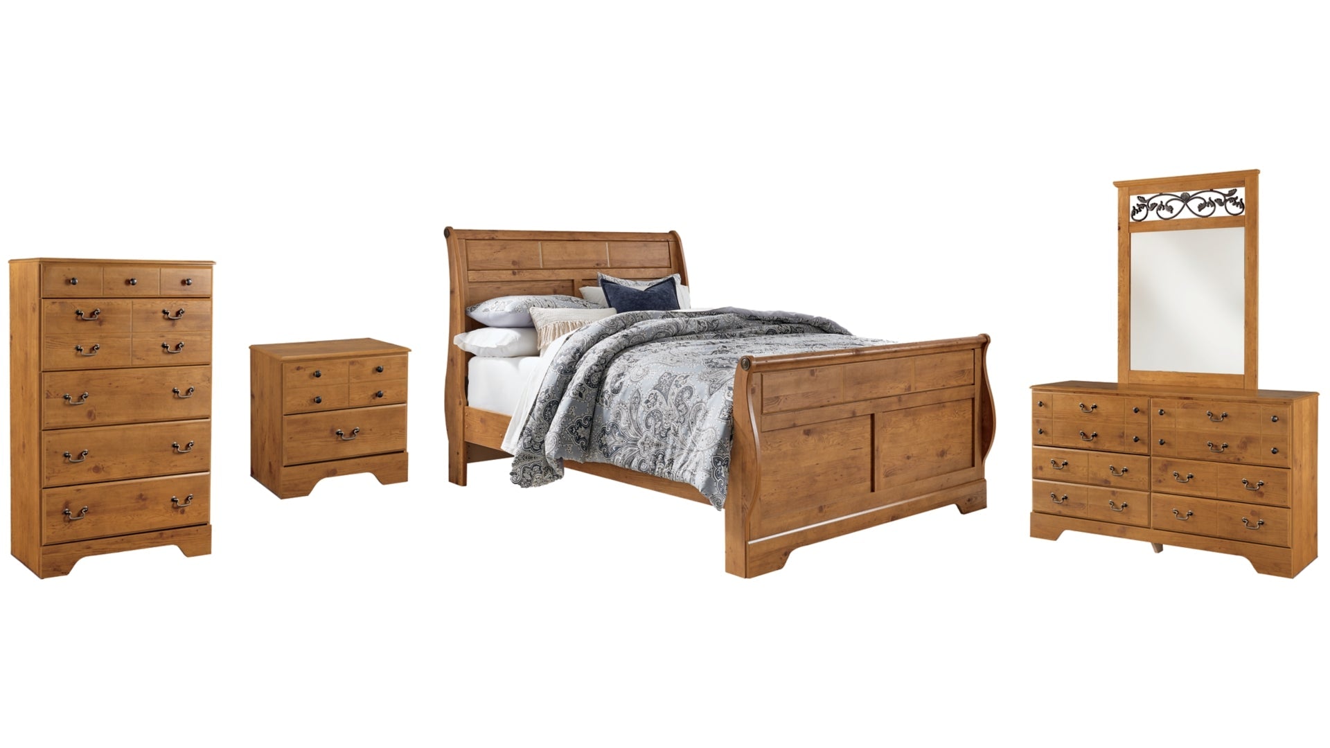 Bittersweet Queen Sleigh Bed with Mirrored Dresser, Chest and Nightstand