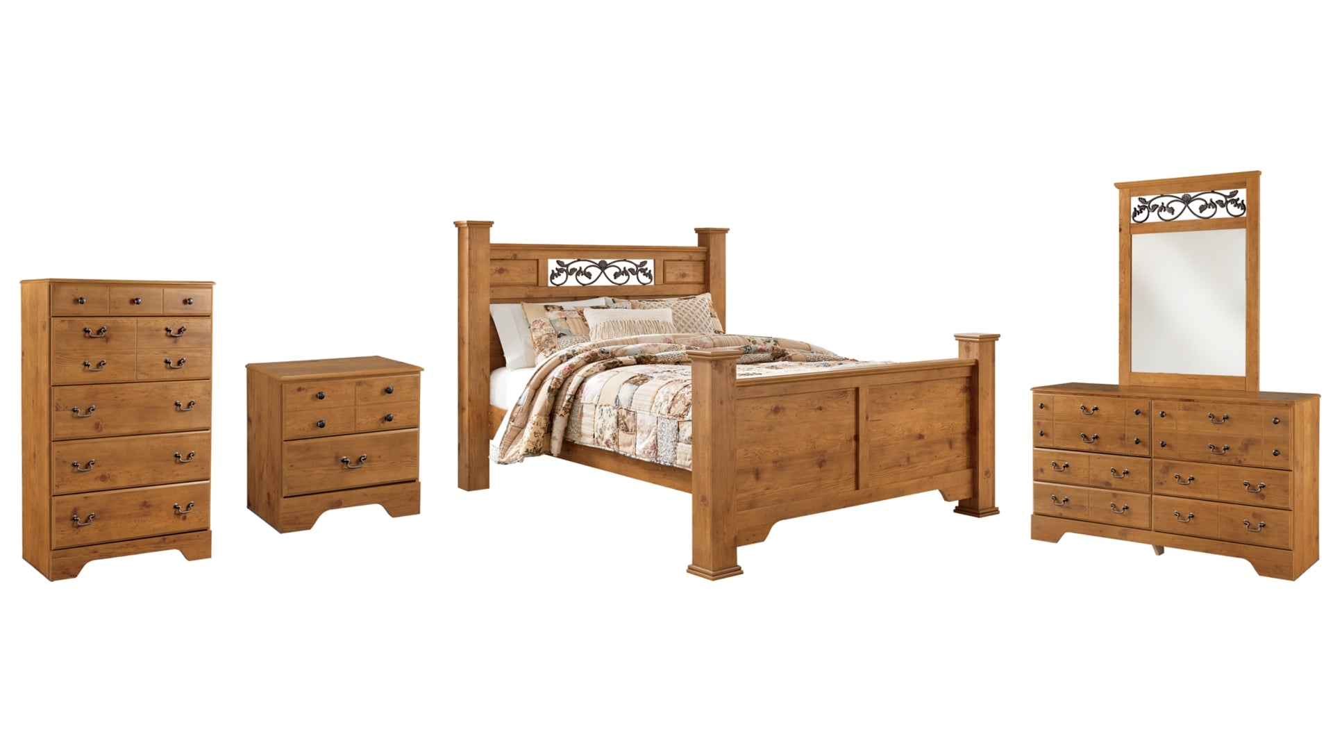 Bittersweet Queen Poster Bed with Mirrored Dresser, Chest and Nightstand