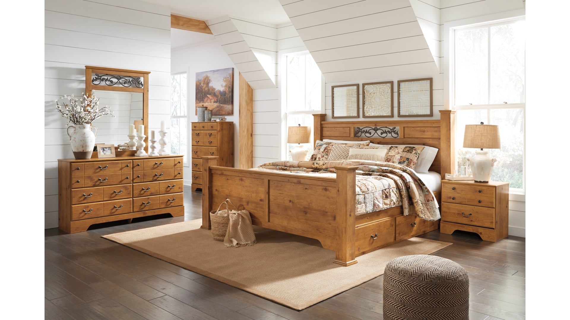 Bittersweet King Poster Bed with 2 Storage Drawers with Mirrored Dresser and Chest