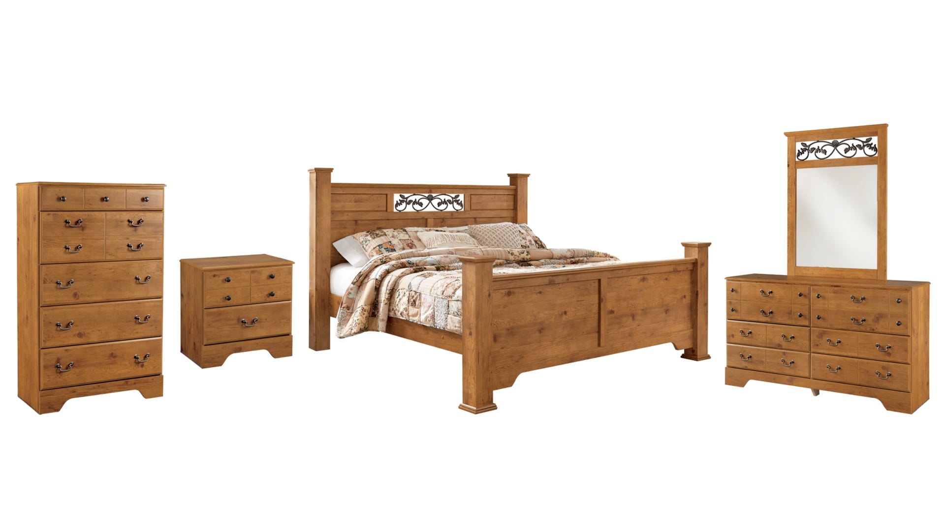 Bittersweet King Poster Bed with Mirrored Dresser, Chest and Nightstand