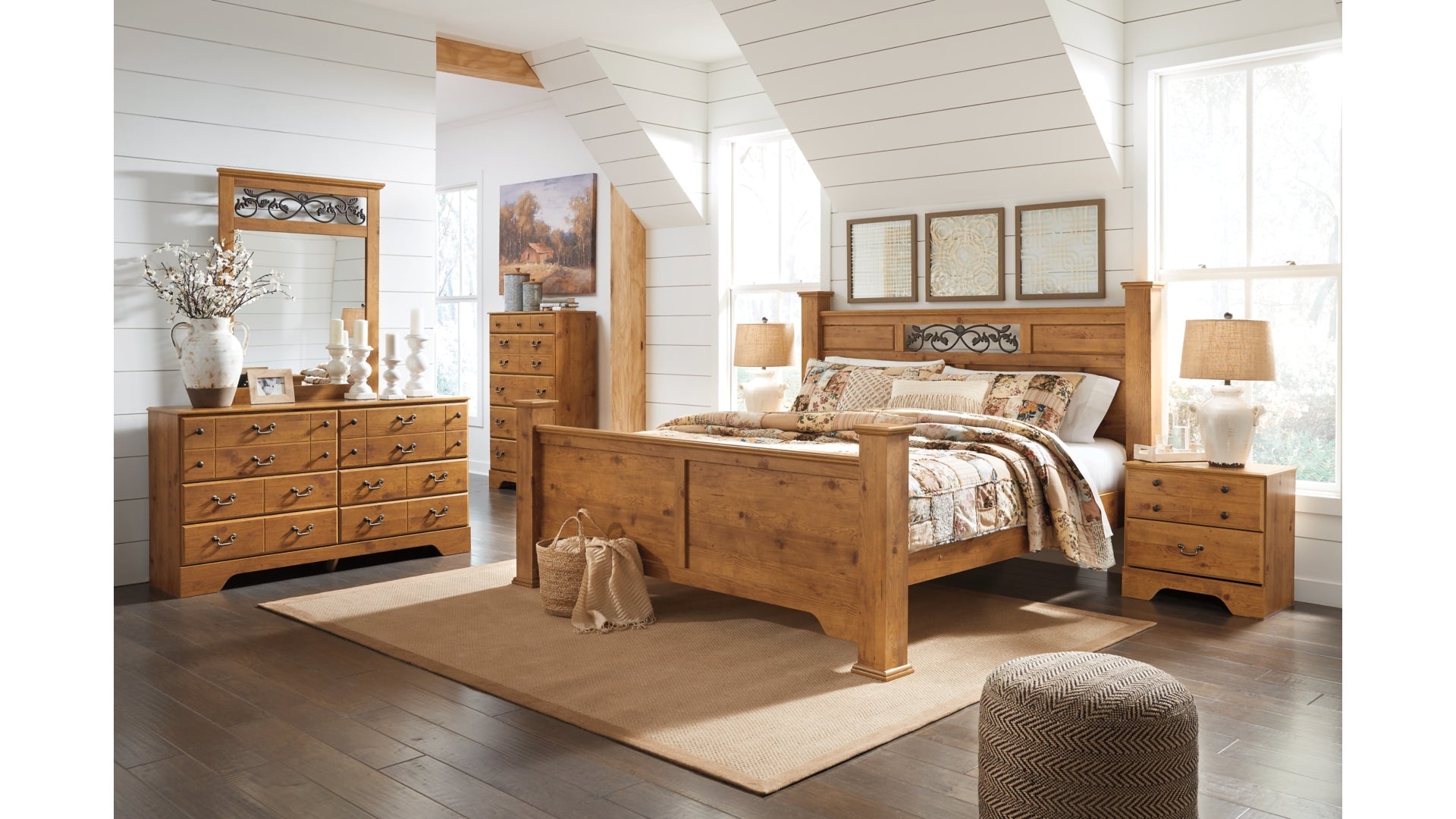 Bittersweet King Poster Bed with Mirrored Dresser and Chest