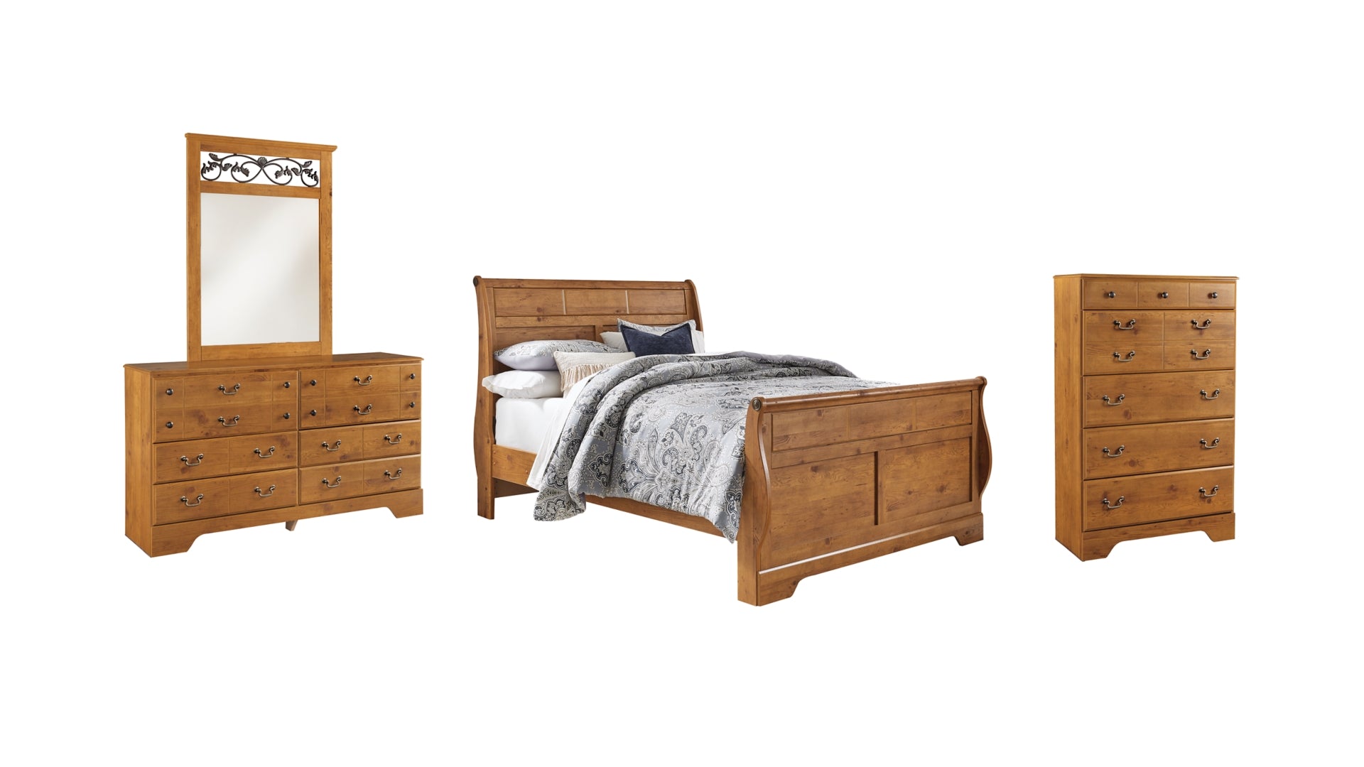 Bittersweet Queen Sleigh Bed with Mirrored Dresser and Chest
