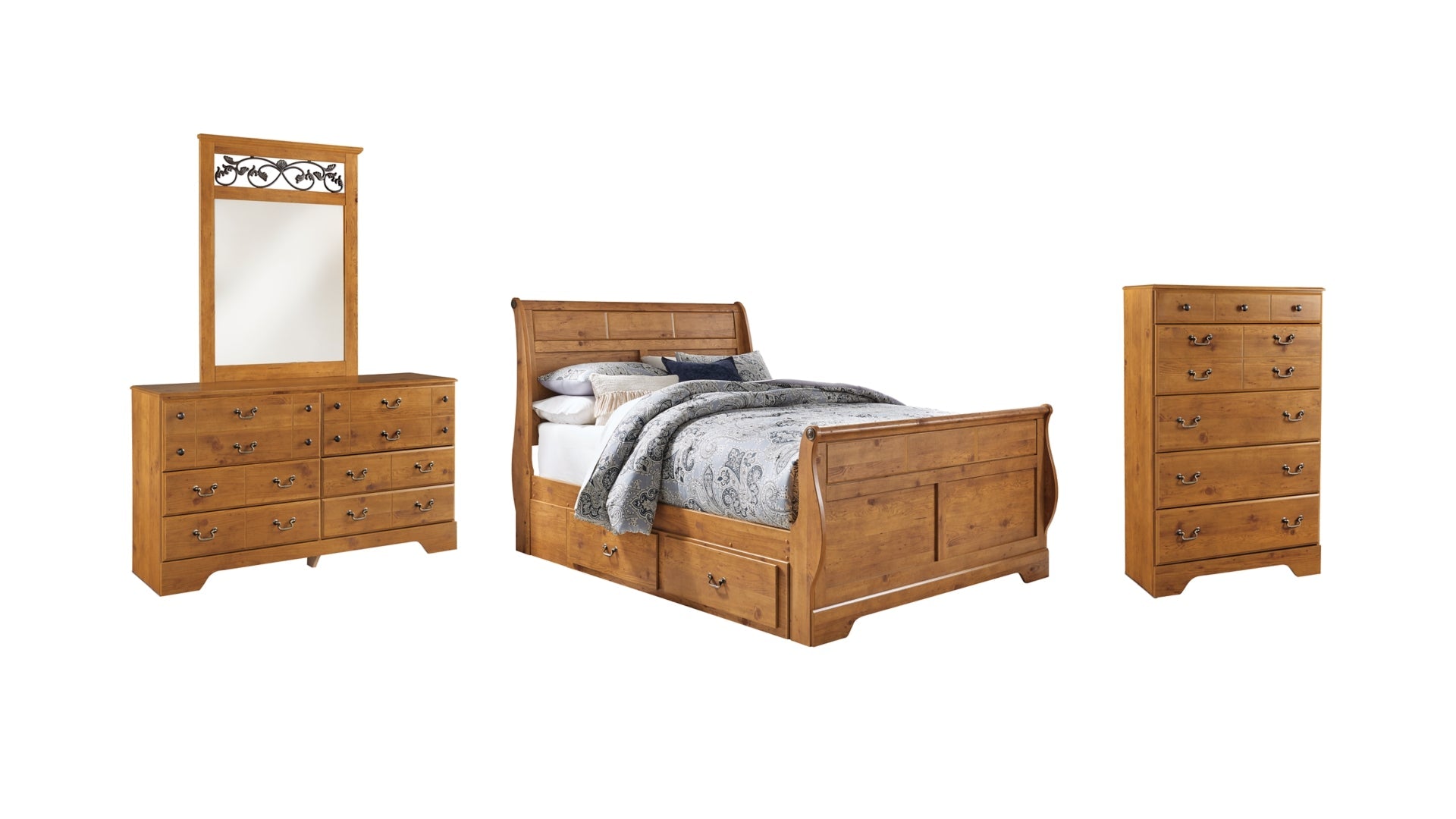 Bittersweet Queen Sleigh Bed with 2 Storage Drawers with Mirrored Dresser and Chest