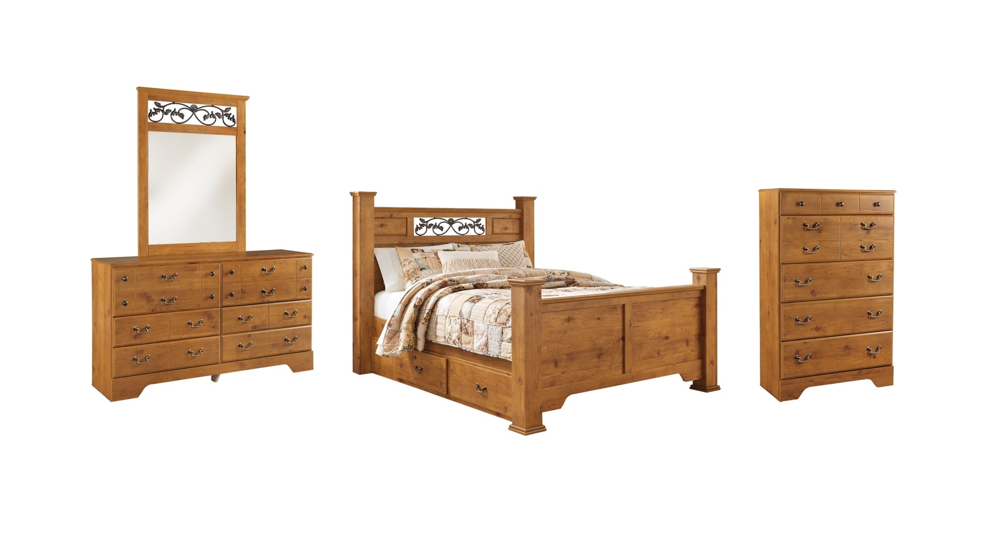Bittersweet Queen Poster Bed with 2 Storage Drawers with Mirrored Dresser and Chest