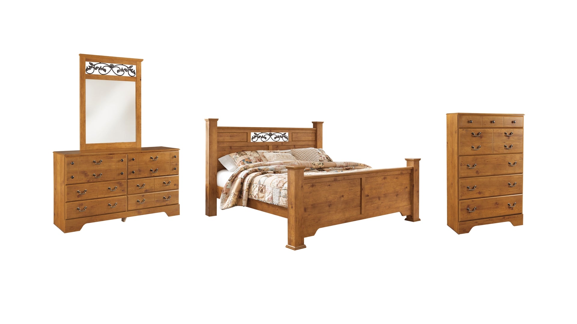 Bittersweet King Poster Bed with Mirrored Dresser and Chest