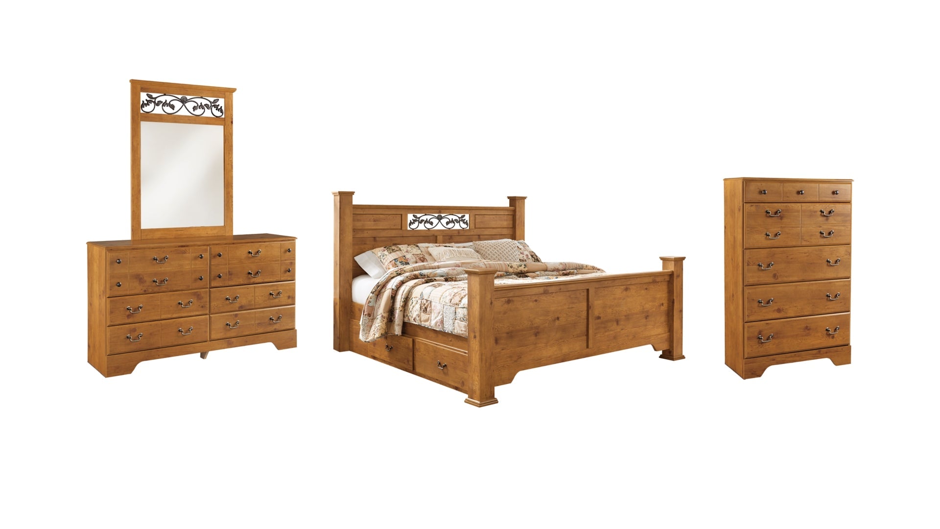 Bittersweet King Poster Bed with 2 Storage Drawers with Mirrored Dresser and Chest