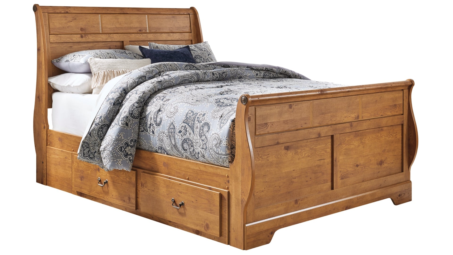 Bittersweet Queen Sleigh Bed with 2 Storage Drawers with Mirrored Dresser and Chest