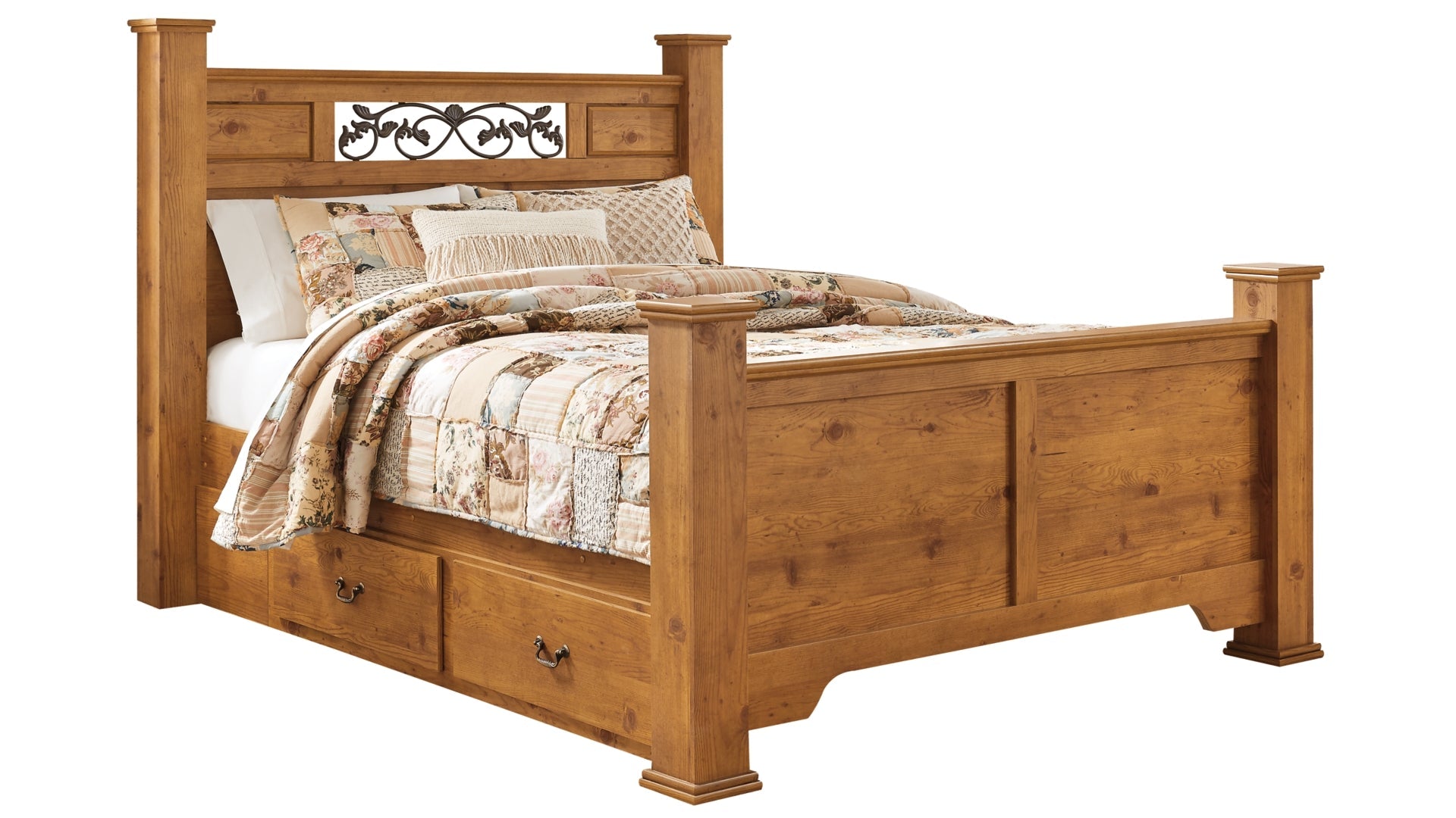 Bittersweet Queen Poster Bed with 2 Storage Drawers with Mirrored Dresser and Chest