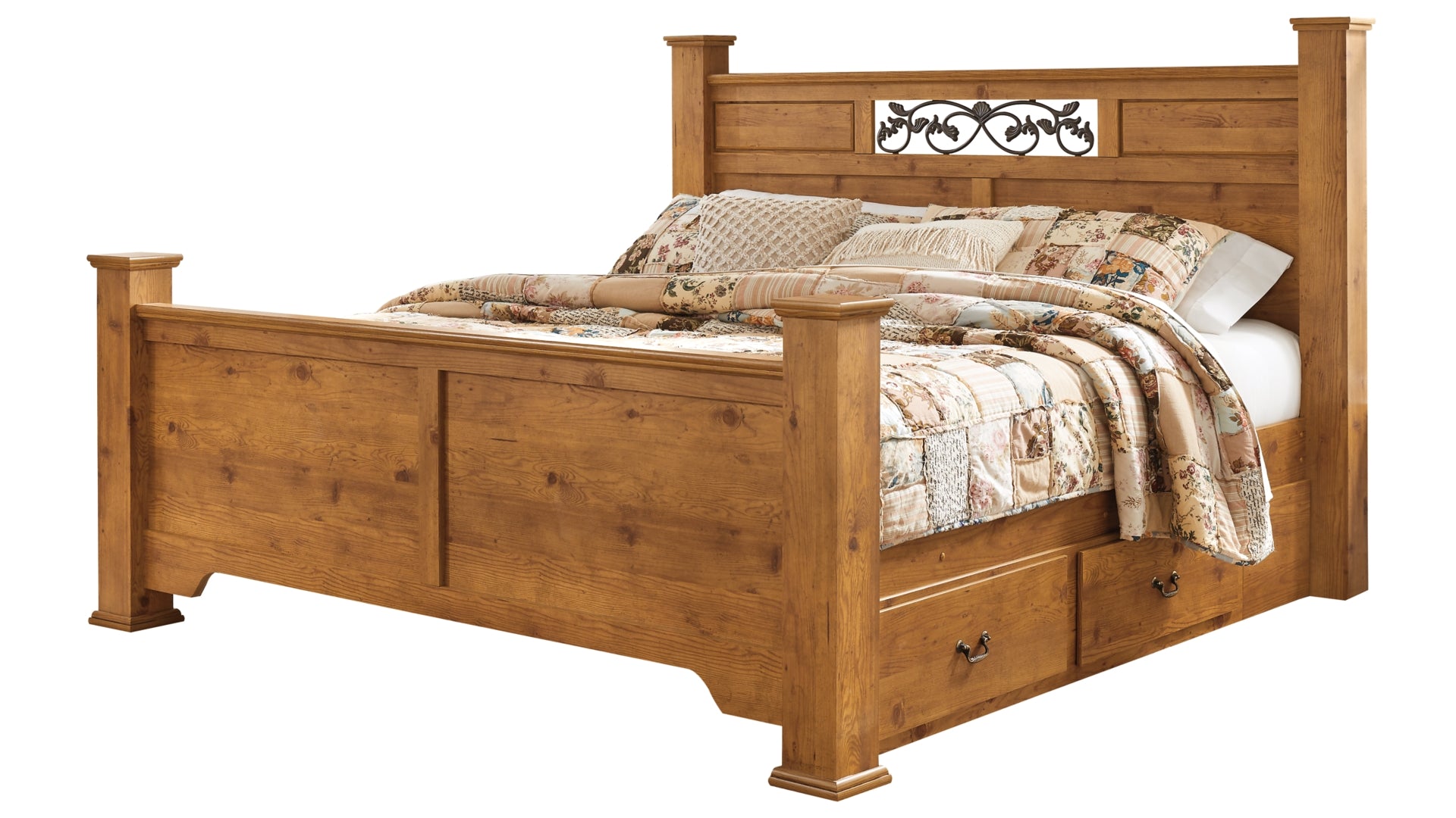 Bittersweet King Poster Bed with 2 Storage Drawers with Mirrored Dresser and Chest