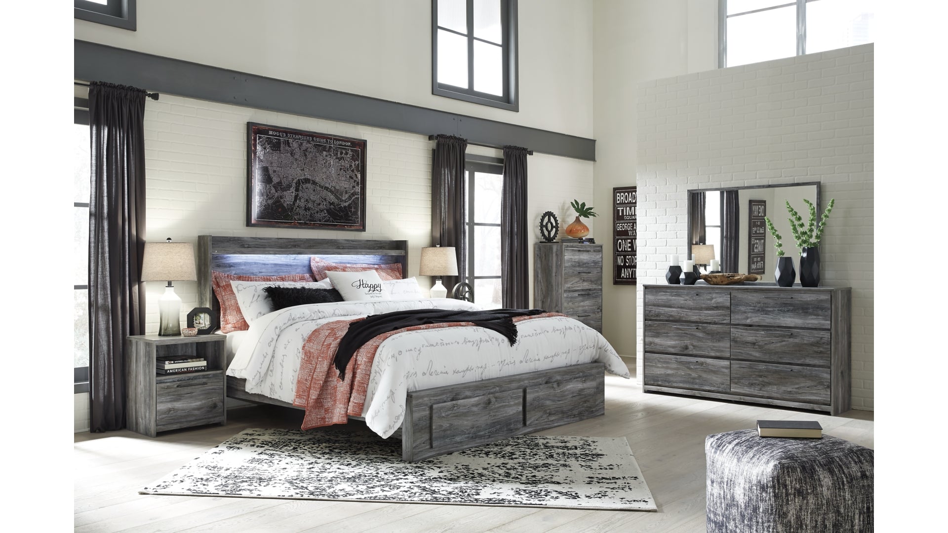 Baystorm Queen Panel Bed with 4 Storage Drawers with Dresser