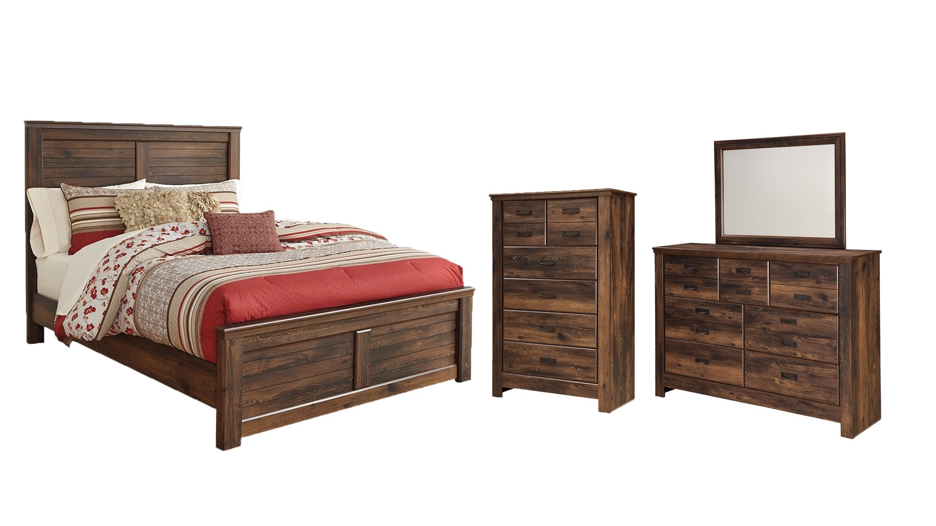 Quinden Queen Panel Bed with Mirrored Dresser and Chest