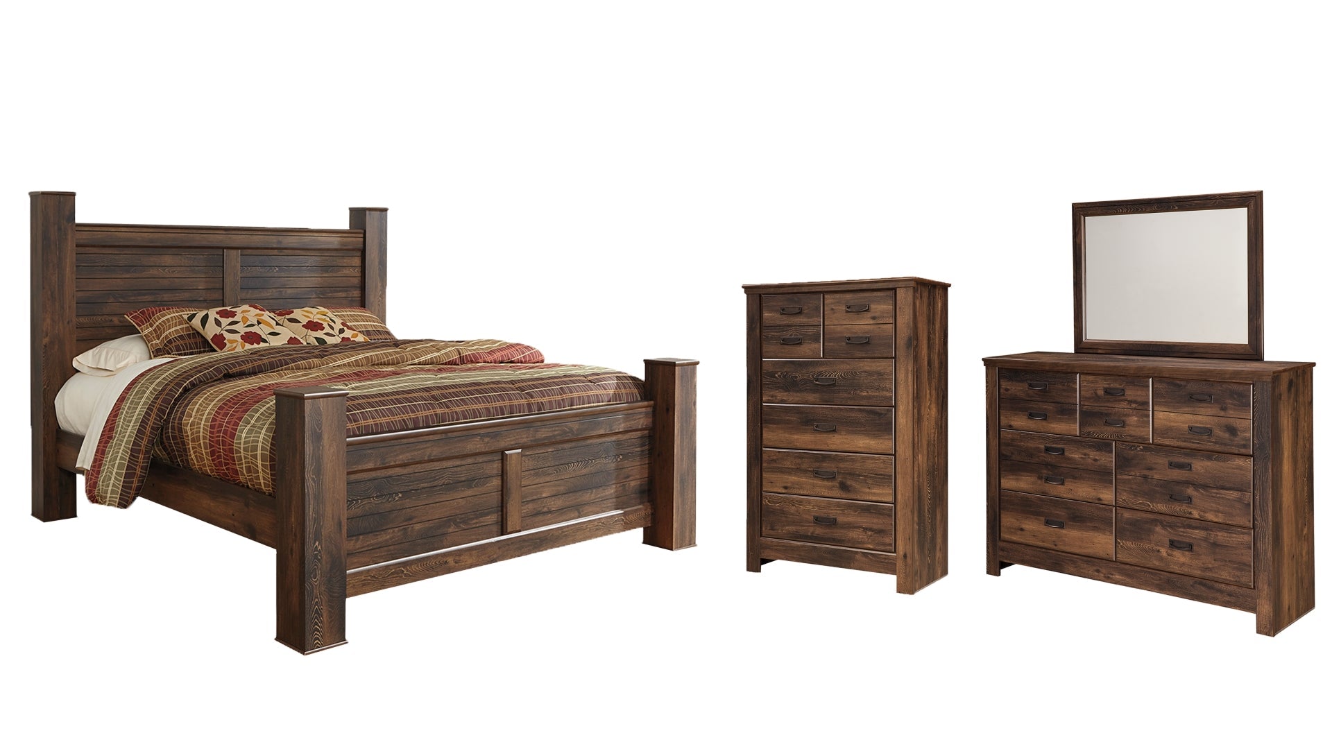 Quinden King Poster Bed with Mirrored Dresser and Chest