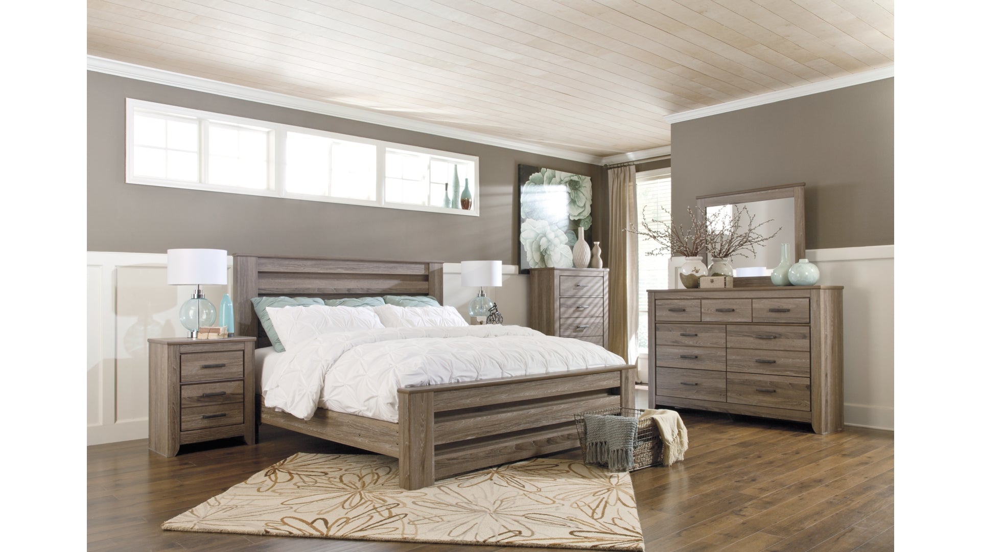 Zelen King Panel Bed with Mirrored Dresser, Chest and Nightstand