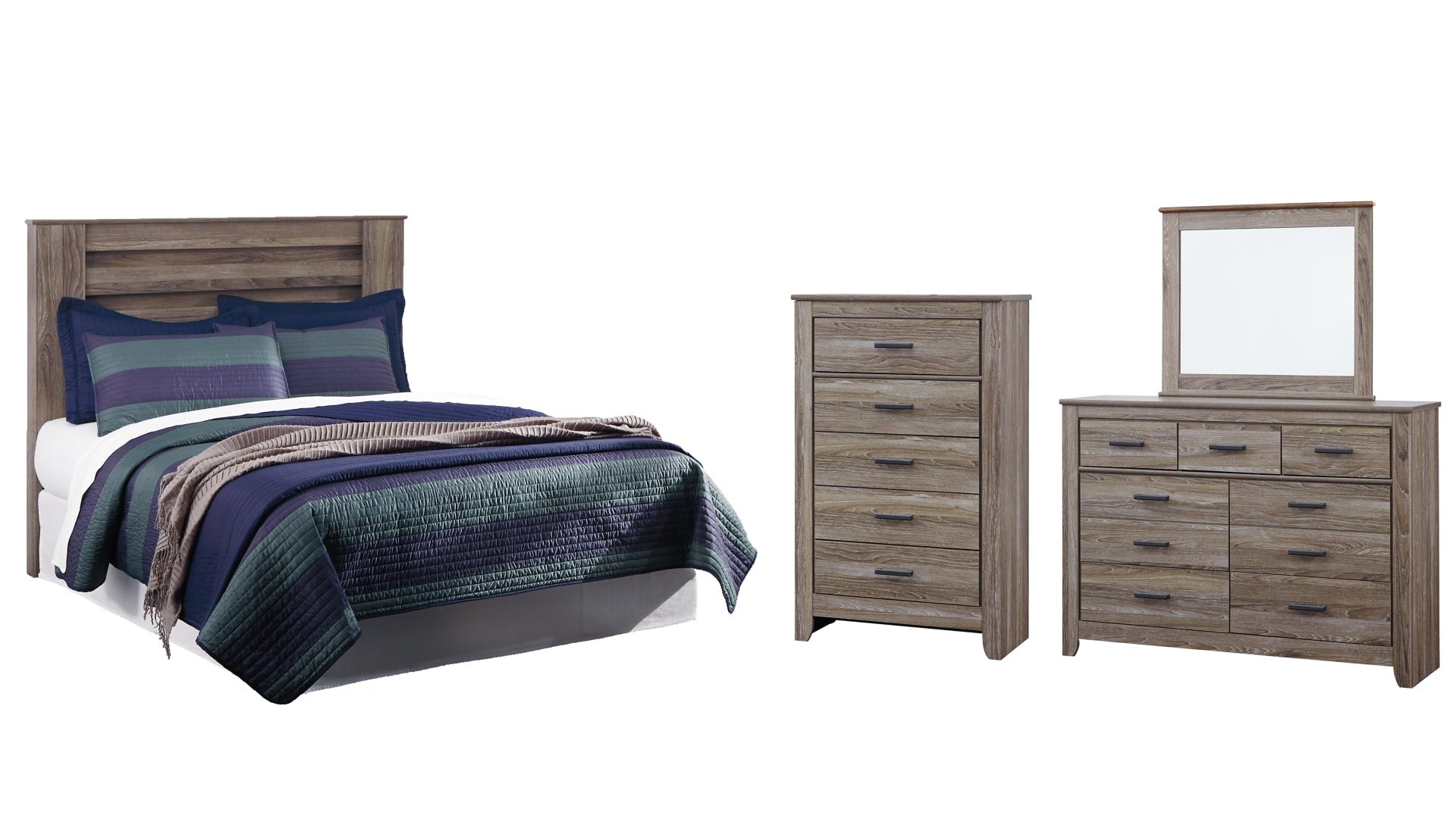 Zelen King/California King Panel Headboard Bed with Mirrored Dresser and Chest