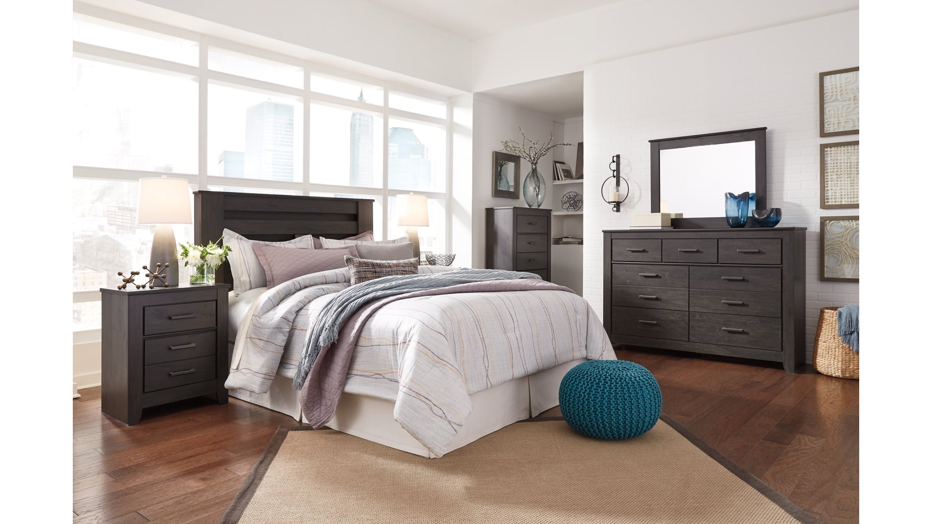 Brinxton King/California King Panel Headboard Bed with Mirrored Dresser and Chest