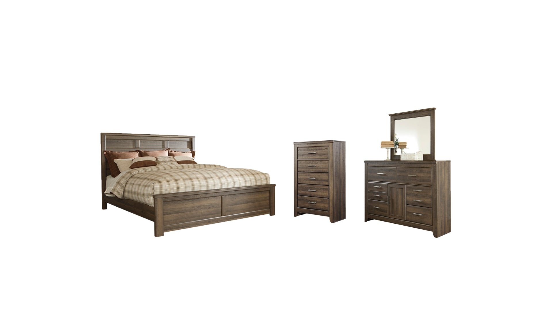 Juararo Queen Panel Bed with Mirrored Dresser and Chest