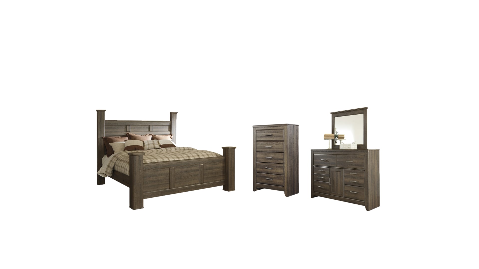Juararo California King Poster Bed with Mirrored Dresser and Chest
