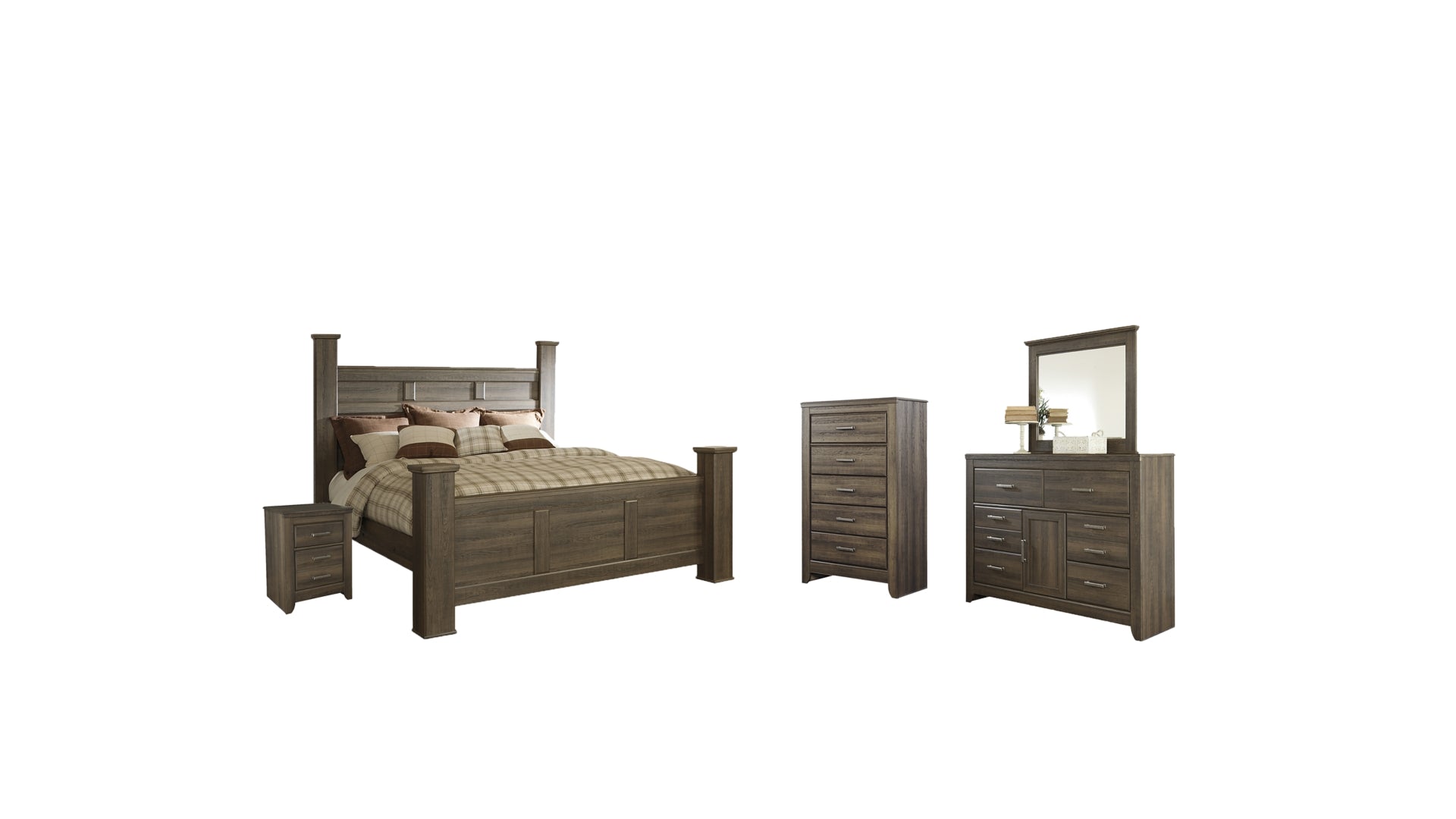 Juararo California King Poster Bed with Mirrored Dresser, Chest and Nightstand