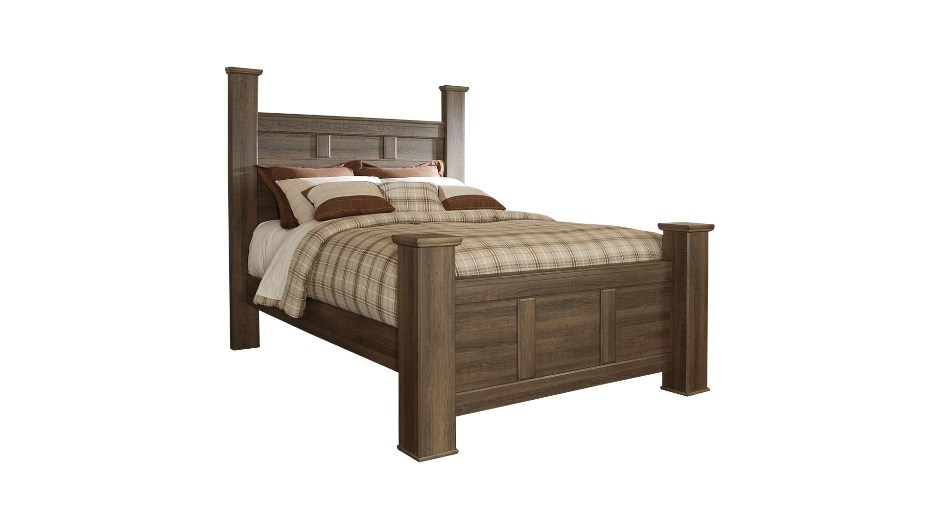 Juararo Queen Poster Bed with Mirrored Dresser and Chest