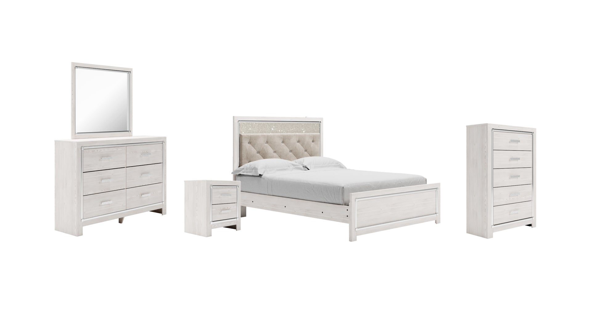 Altyra Queen Panel Bed with Mirrored Dresser, Chest and Nightstand