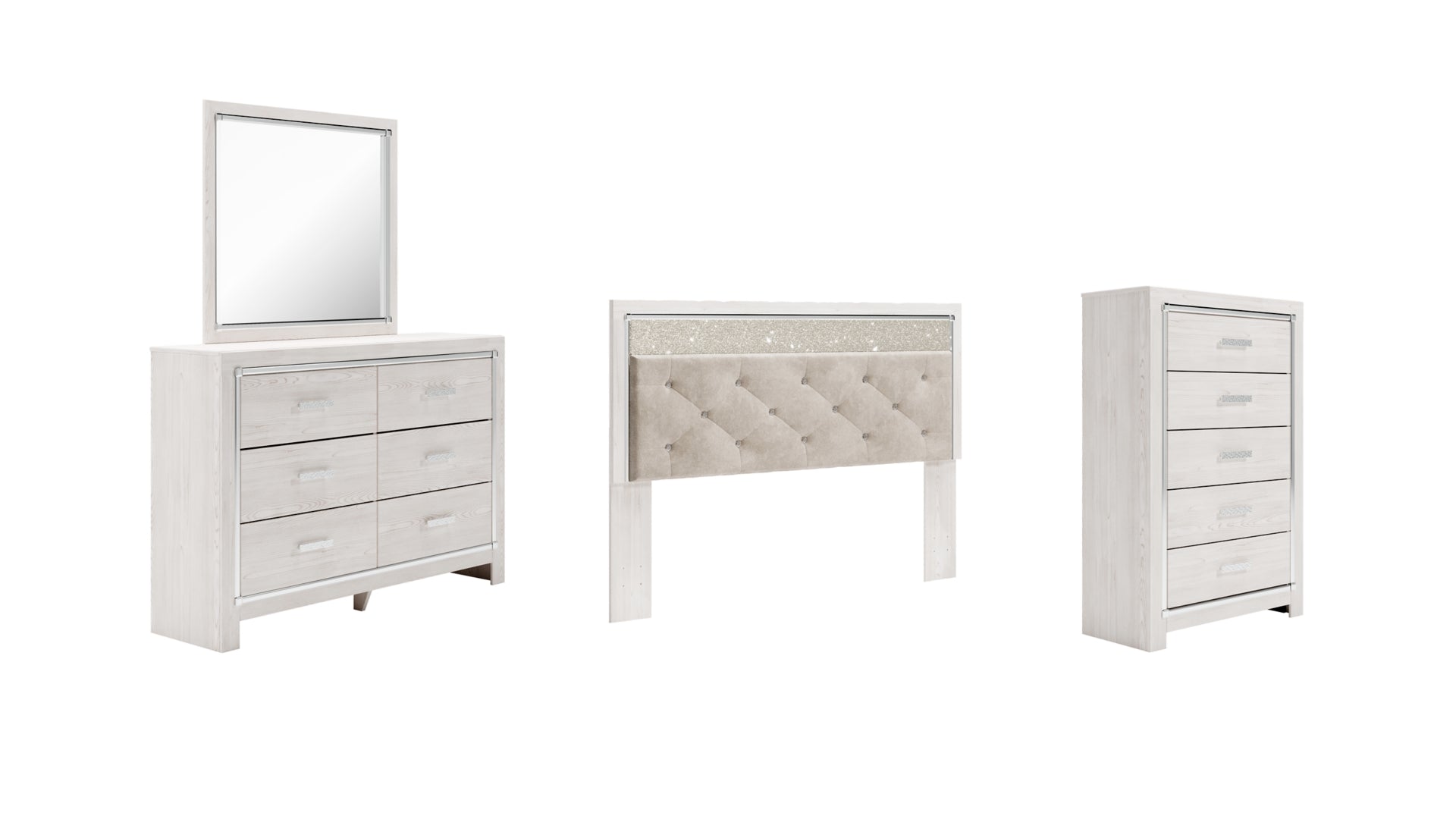Altyra King Panel Headboard Bed with Mirrored Dresser and Chest