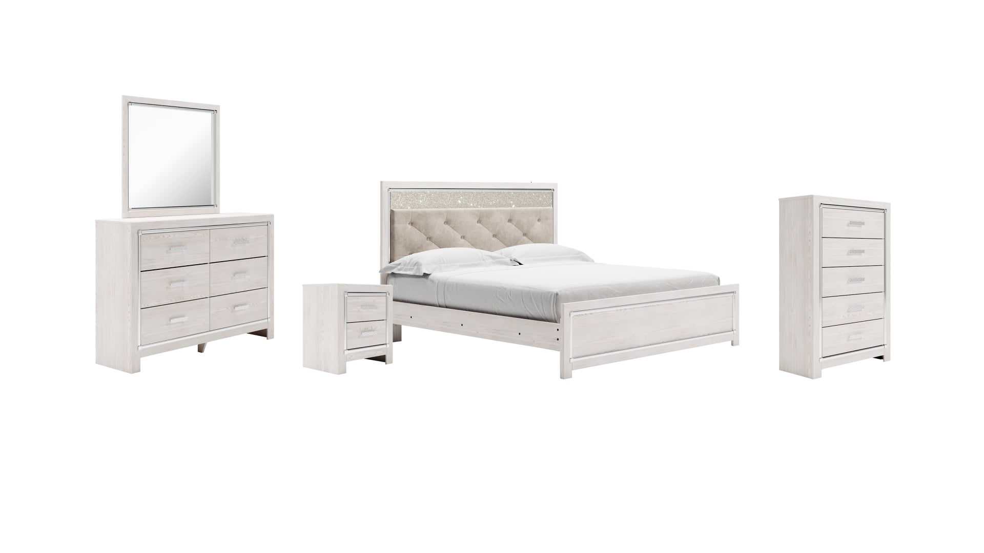 Altyra King Panel Bed with Mirrored Dresser, Chest and Nightstand