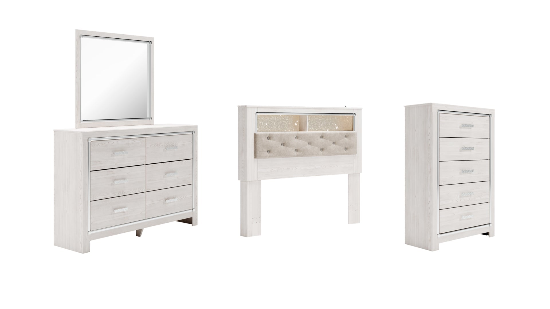 Altyra Queen Bookcase Headboard Bed with Mirrored Dresser and Chest