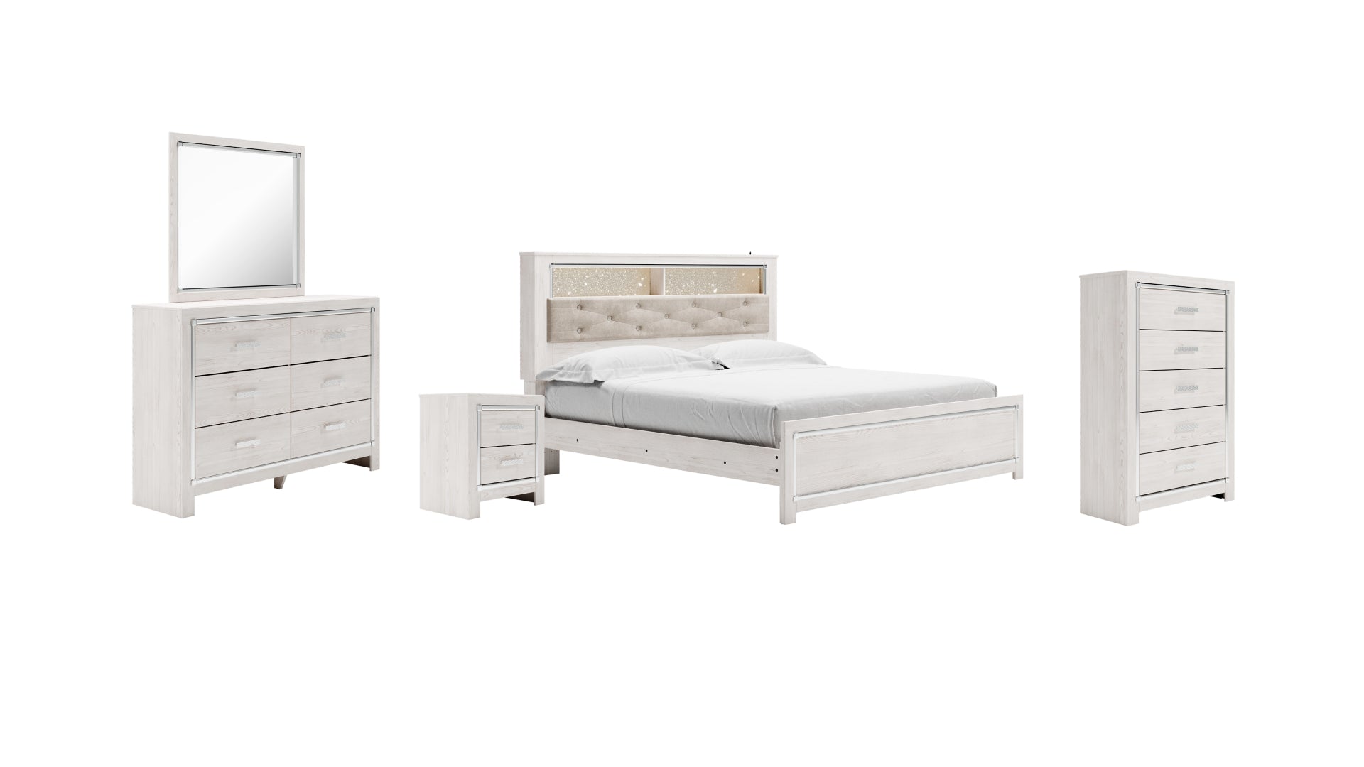 Altyra King Panel Bookcase Bed with Mirrored Dresser, Chest and Nightstand