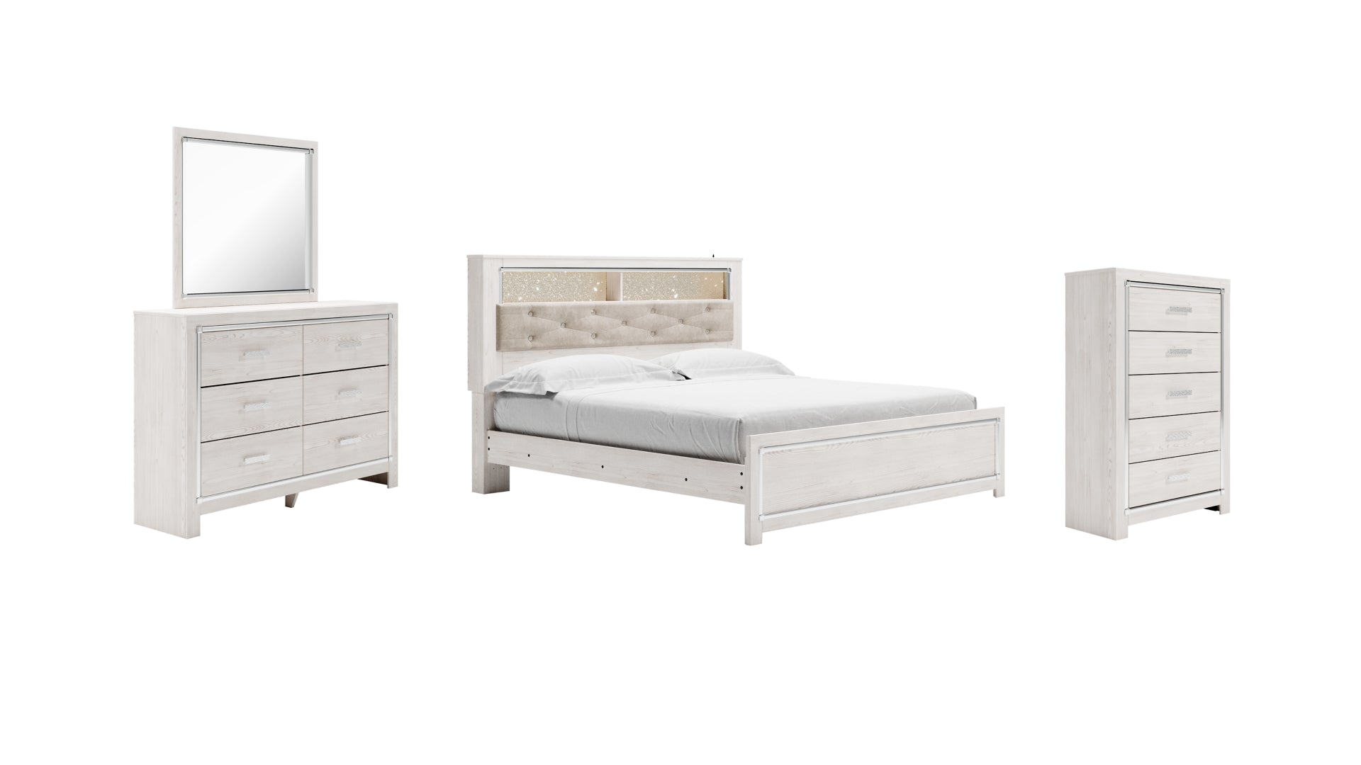 Altyra King Panel Bookcase Bed with Mirrored Dresser and Chest