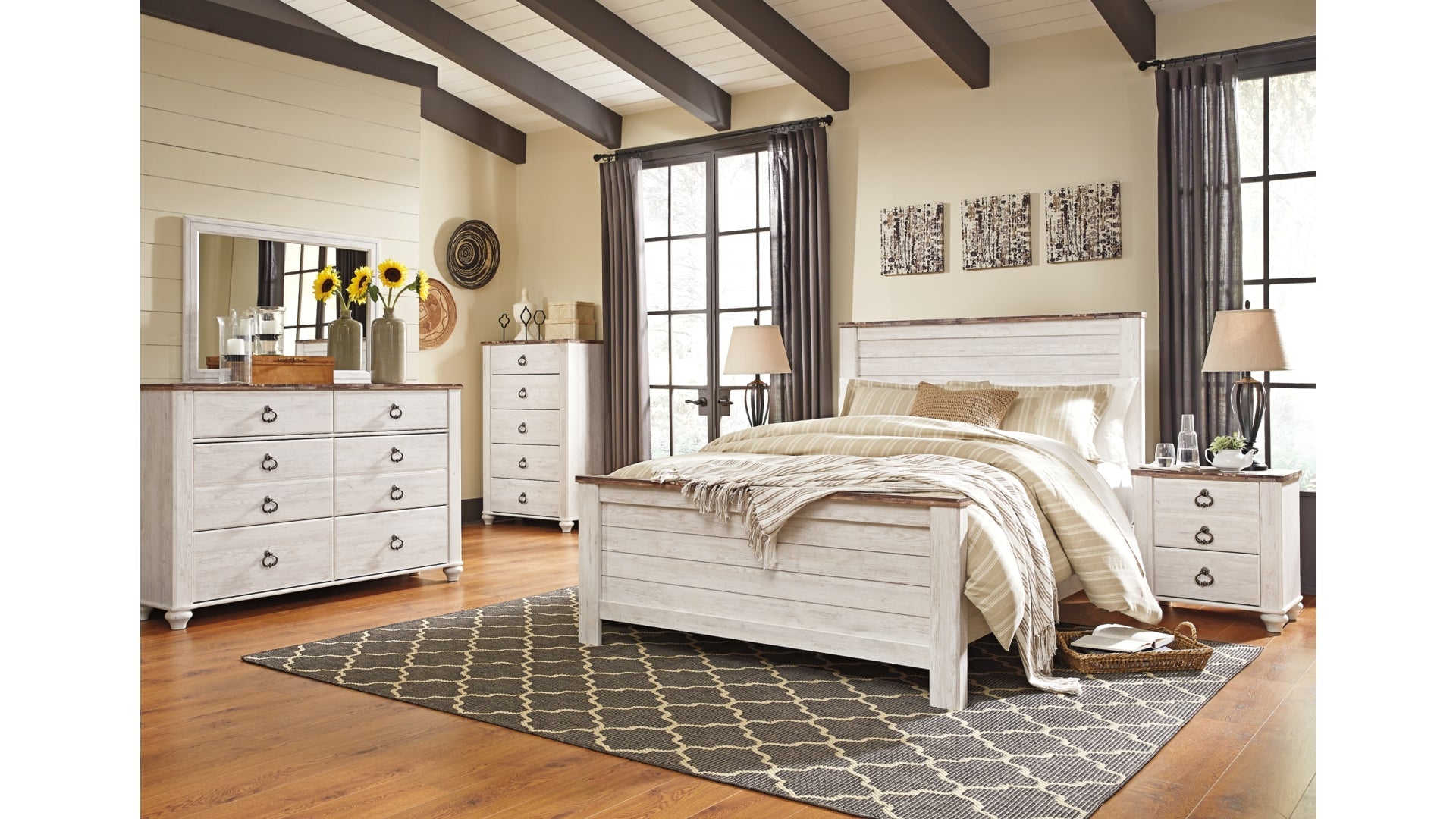Willowton Queen Panel Bed with Mirrored Dresser, Chest and Nightstand
