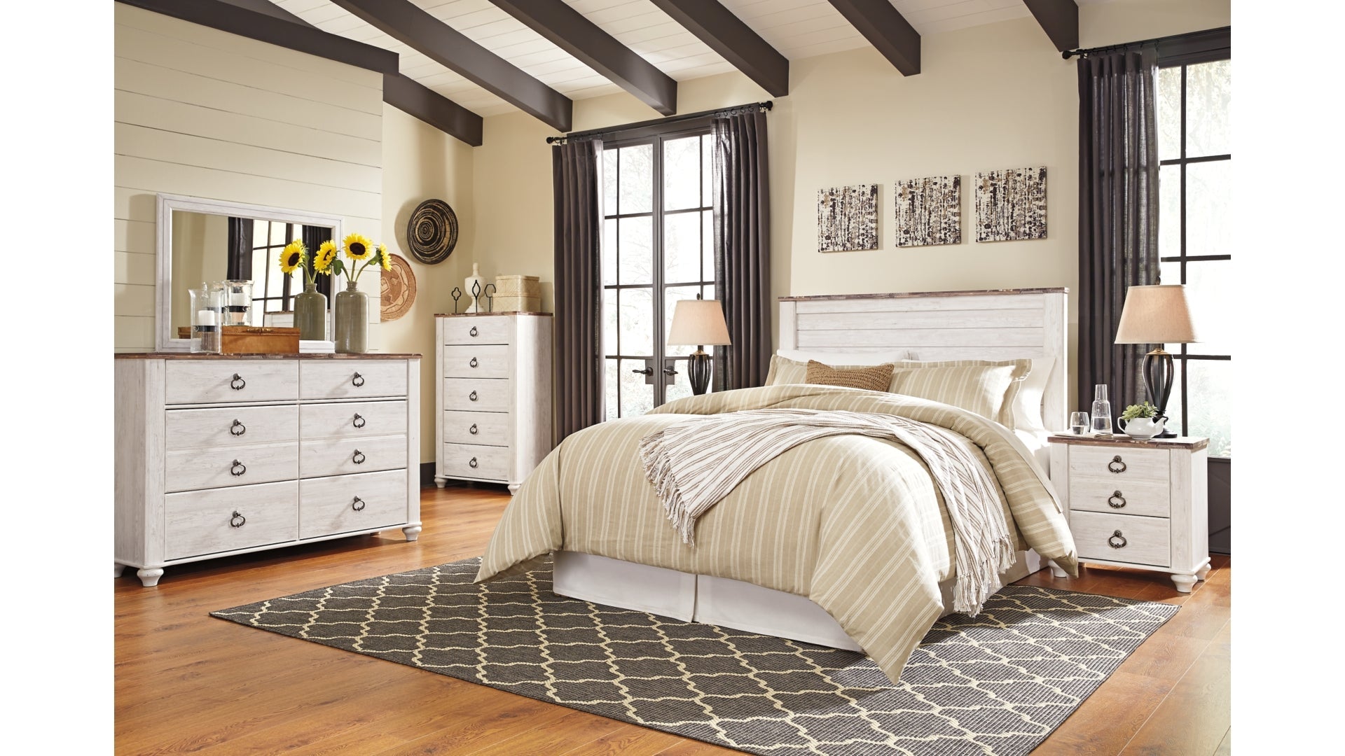 Willowton Queen/Full Panel Headboard Bed with Mirrored Dresser, Chest and Nightstand