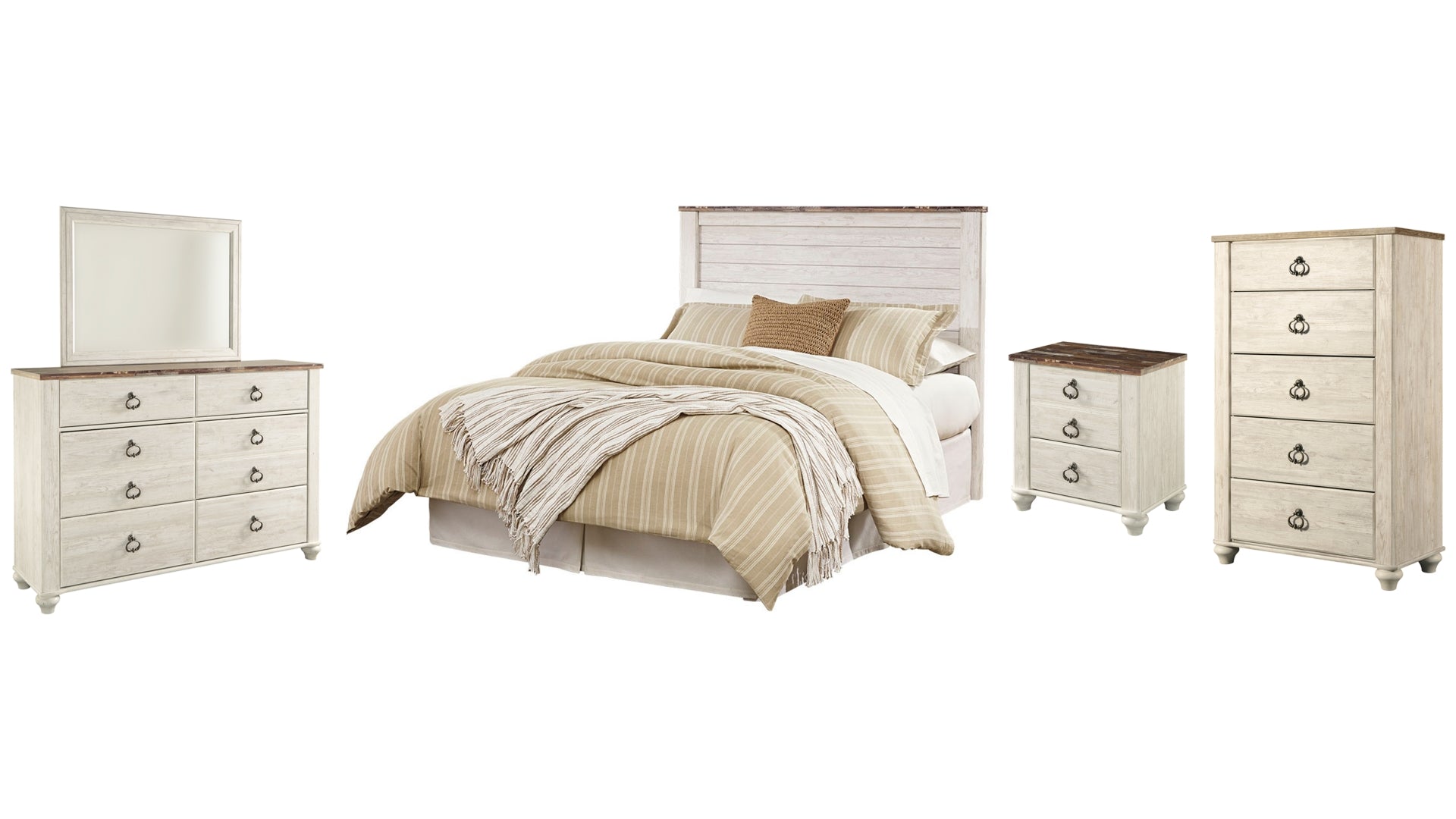Willowton Queen/Full Panel Headboard Bed with Mirrored Dresser, Chest and Nightstand