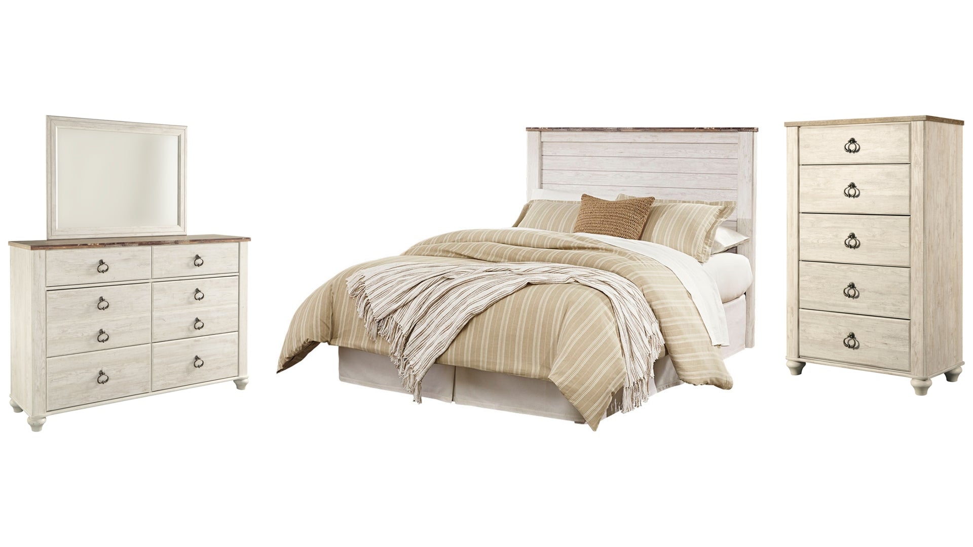 Willowton Queen/Full Panel Headboard Bed with Mirrored Dresser and Chest
