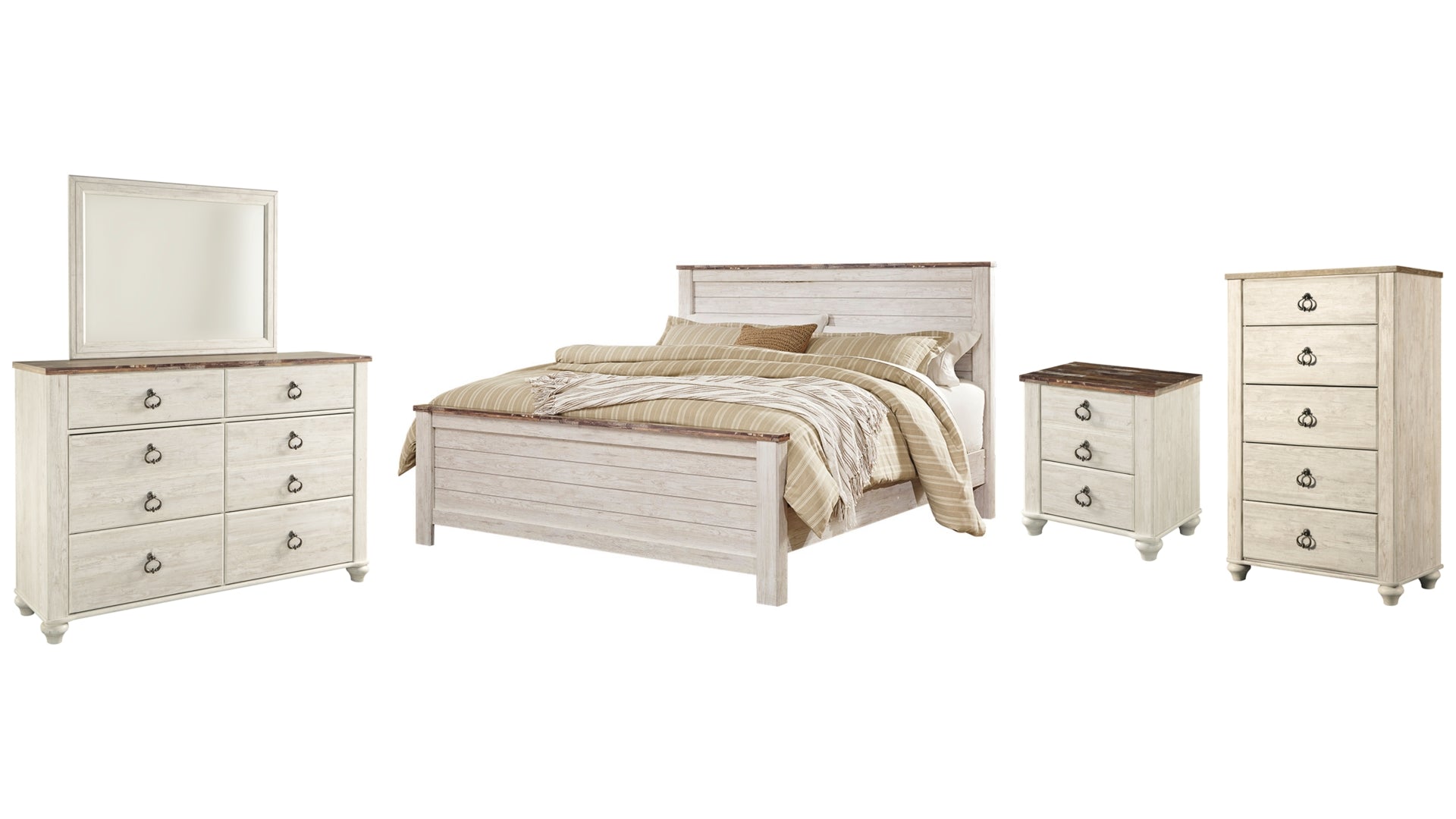 Willowton California King Panel Bed with Mirrored Dresser, Chest and Nightstand