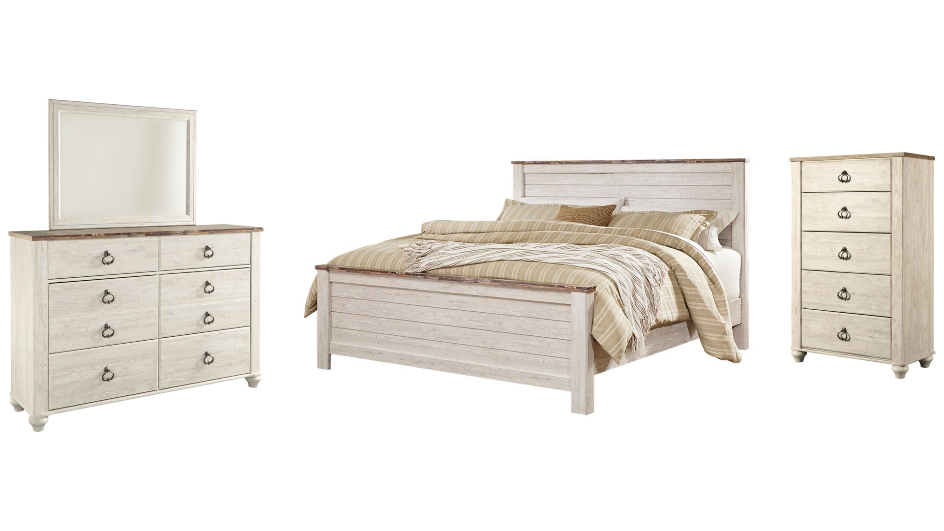 Willowton California King Panel Bed with Mirrored Dresser and Chest