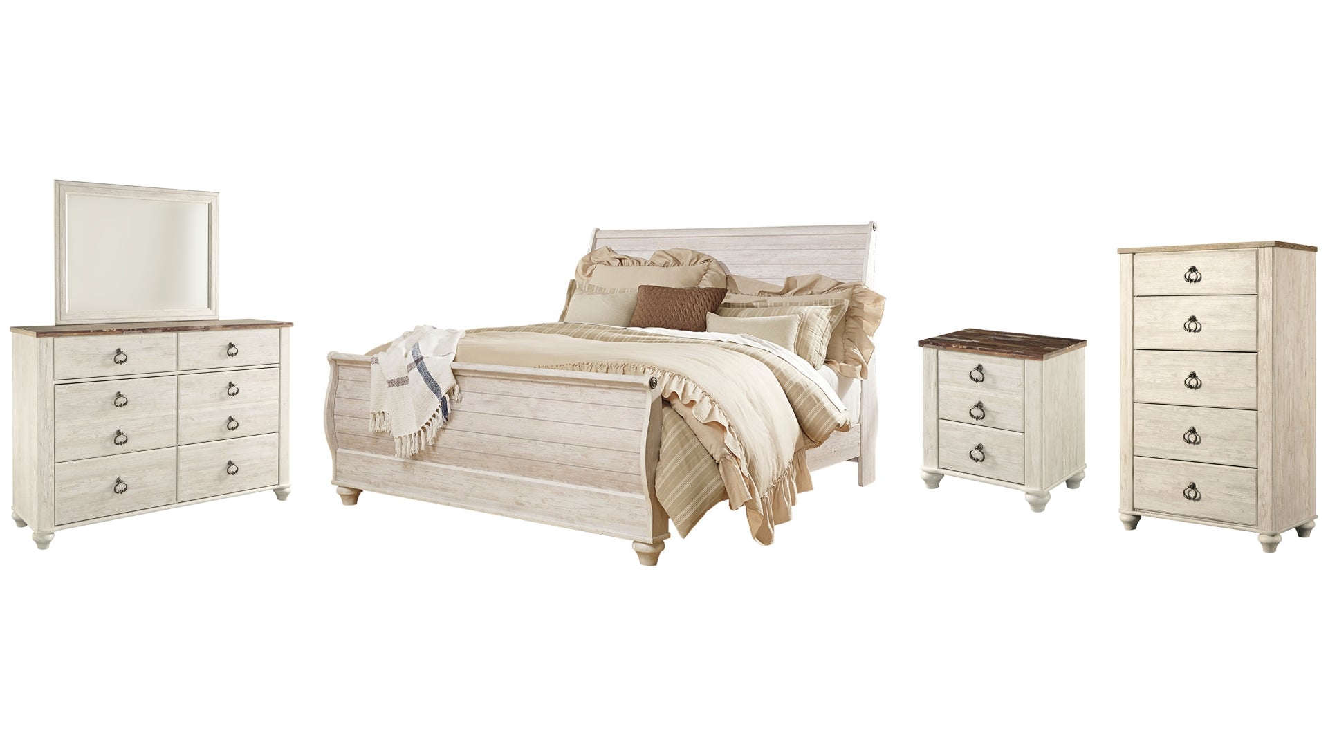 Willowton King Sleigh Bed with Mirrored Dresser, Chest and Nightstand