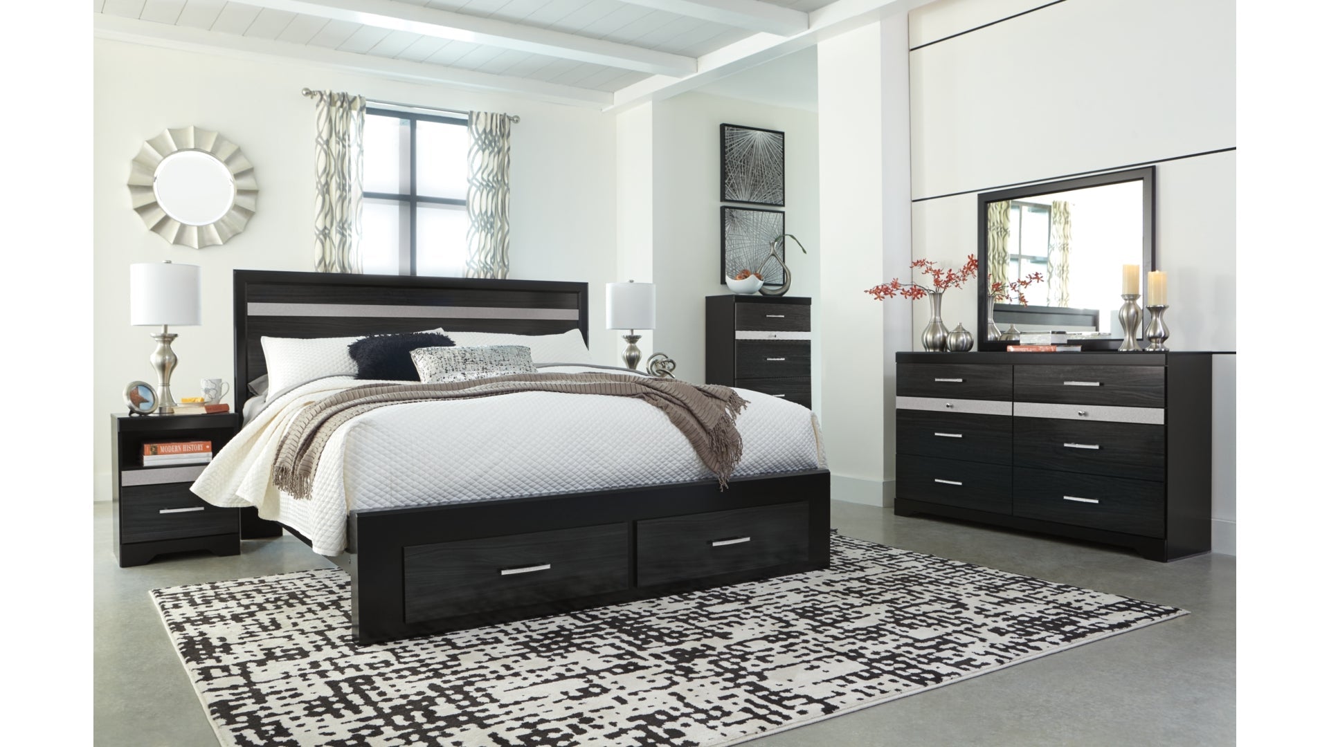 Starberry King Panel Bed with 2 Storage Drawers with Mirrored Dresser, Chest and Nightstand
