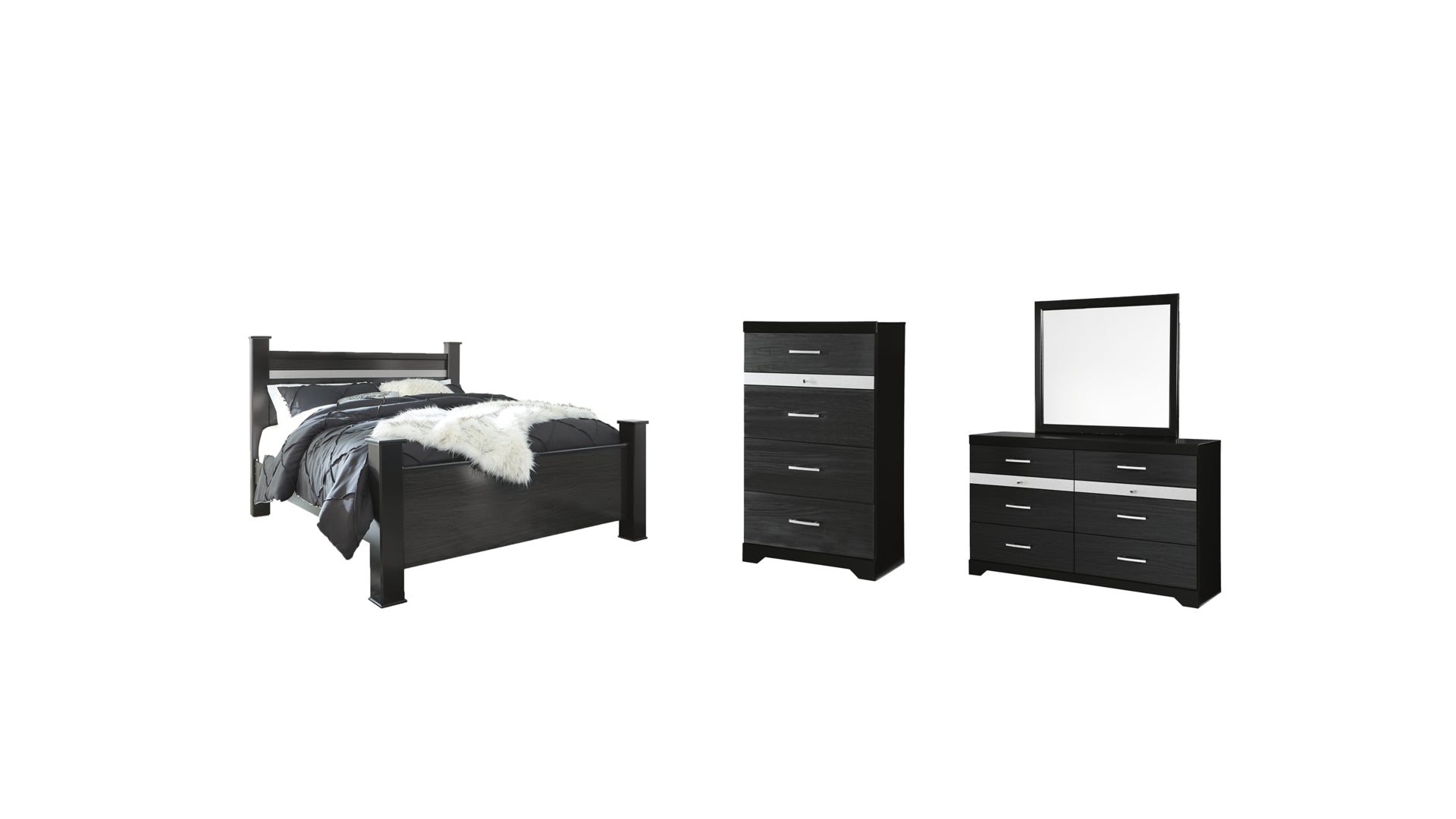Starberry King Poster Bed with Mirrored Dresser and Chest