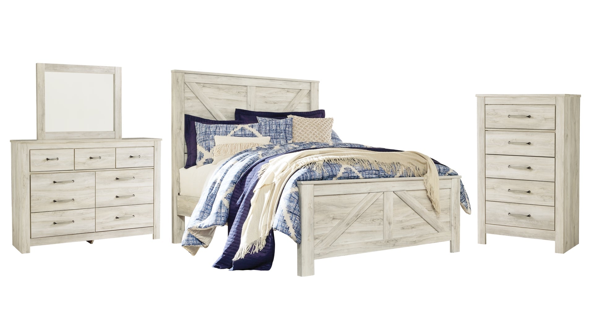 Bellaby Queen Crossbuck Panel Bed with Mirrored Dresser and Chest