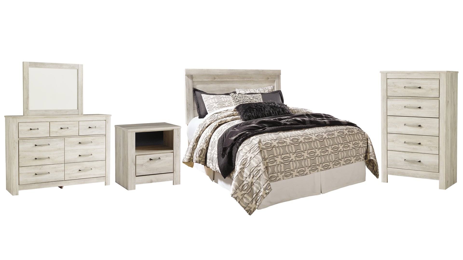 Bellaby Queen Panel Headboard Bed with Mirrored Dresser, Chest and Nightstand