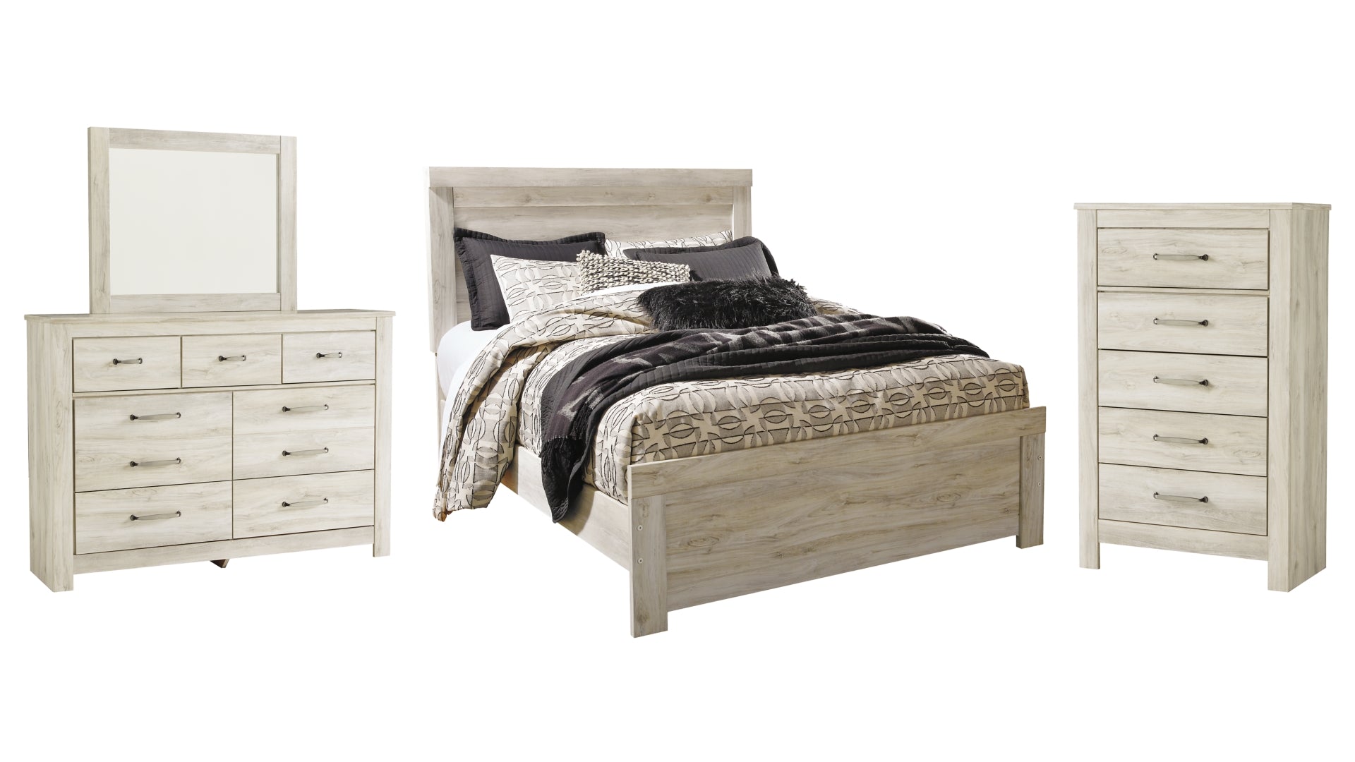 Bellaby Queen Panel Bed with Mirrored Dresser and Chest